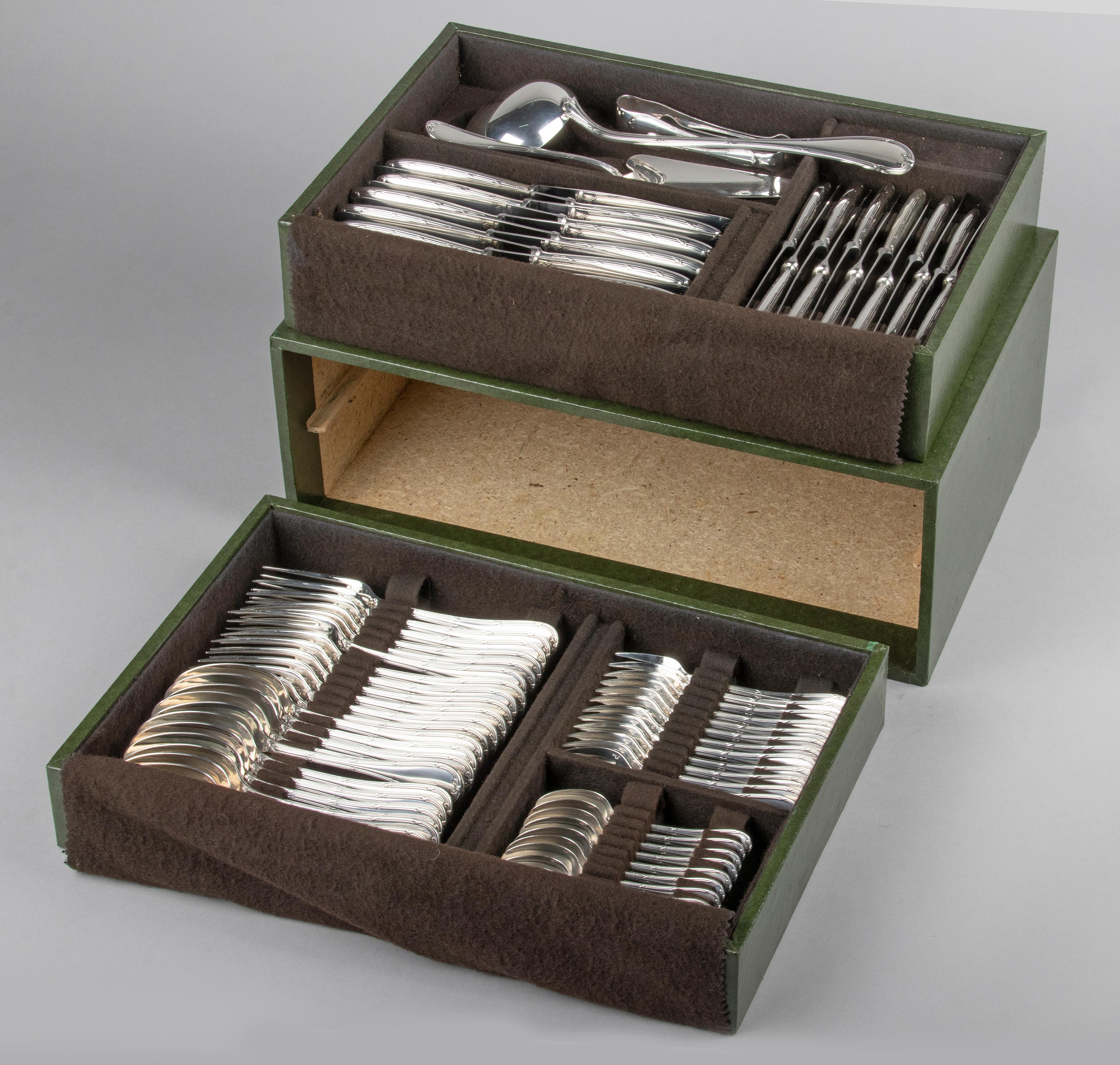 Louis XVI 78-Piece Set of Silver Plated Flatware by Christofle Model Rubans with Canteen