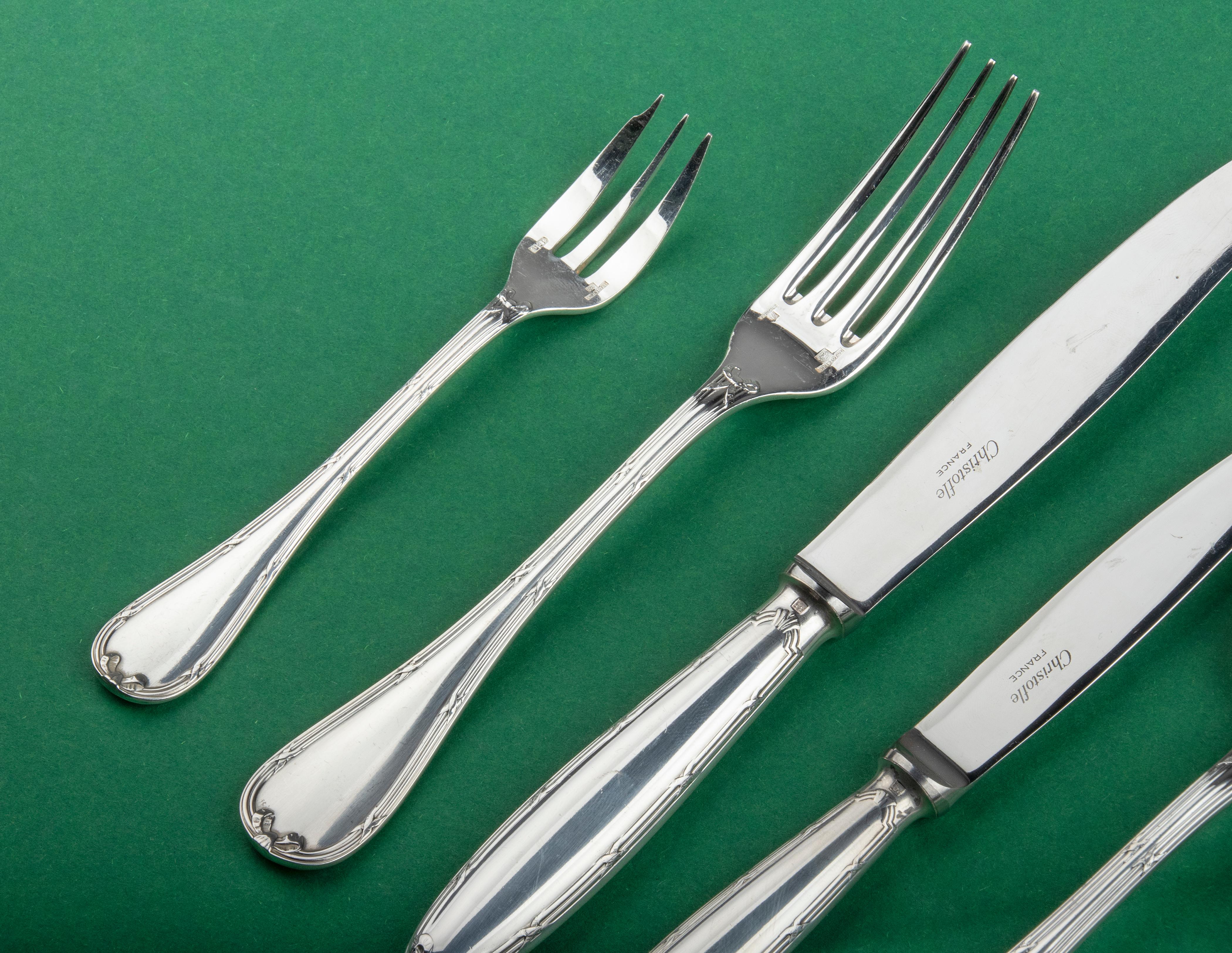 Hand-Crafted 78-Piece Set of Silver Plated Flatware by Christofle Model Rubans with Canteen