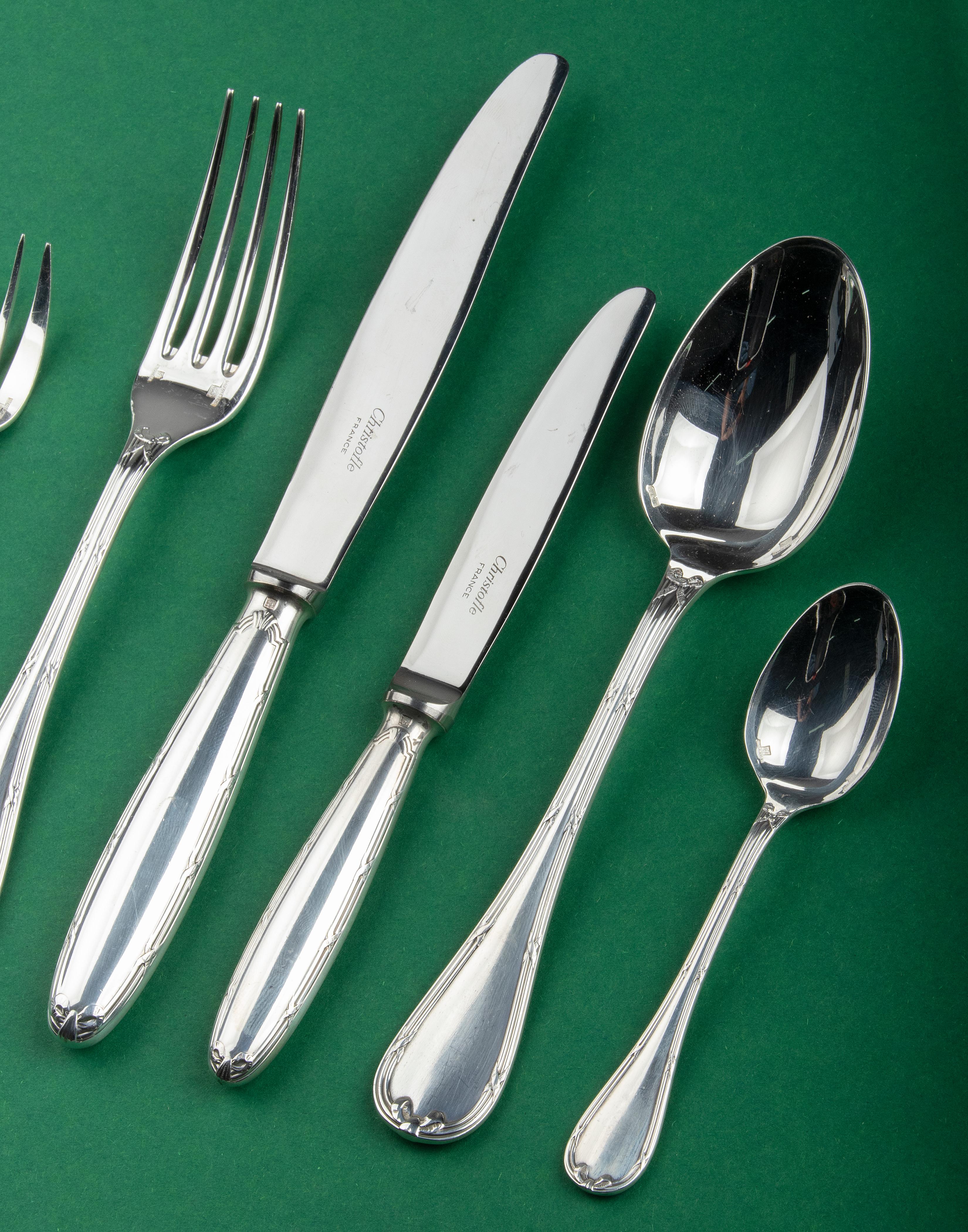 Late 20th Century 78-Piece Set of Silver Plated Flatware by Christofle Model Rubans with Canteen