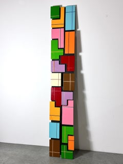 78" Signed Original Abstract Modern Color Block Vertical Wall Relief Sculpture
