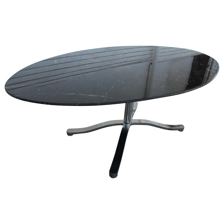 78" Oval  Zographos Black Marquina Marble Stainless Steel Dining Table For Sale