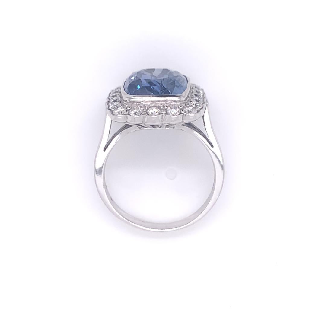 Women's 7.80 Carat Cushion Cut Blue Sapphire and Diamonds in 18K White Gold Ring For Sale