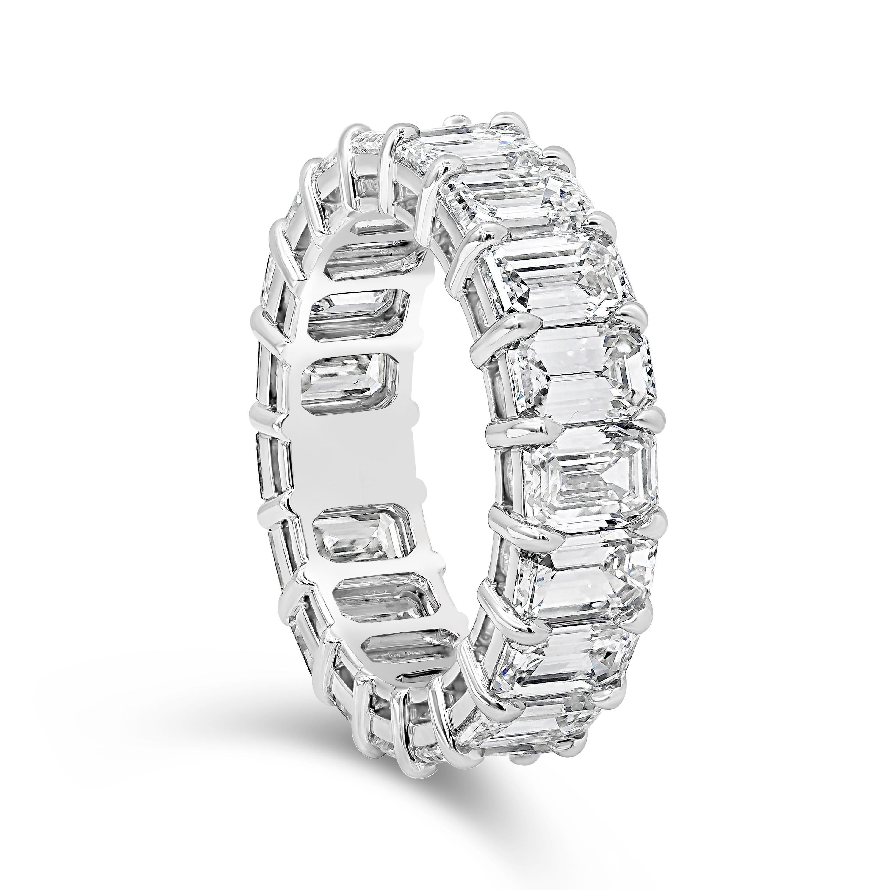 An elegant and classic wedding band showcasing a row of emerald cut diamonds weighing 7.80 carats total, set in a shared prong mounting made in platinum. Diamonds are approximately E-F color, VS+ clarity. 

Style available in different price ranges.