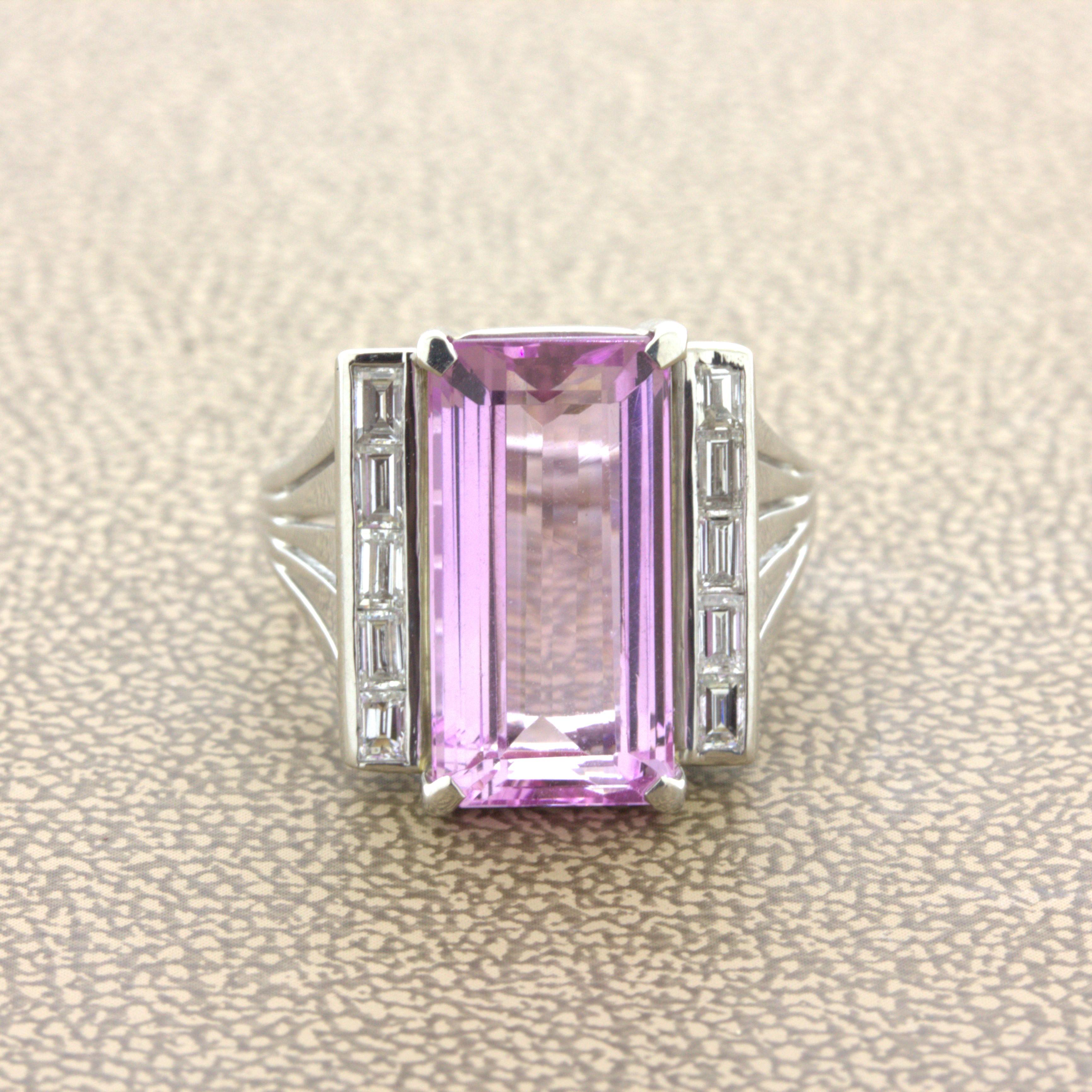 Everything is better in pink! Especially this lovely imperial topaz ring with a very rare bright vivid pink color. It weighs 7.80 carats and stones like this are very rarely found in the market. It is complemented by 8 baguette-cut diamonds