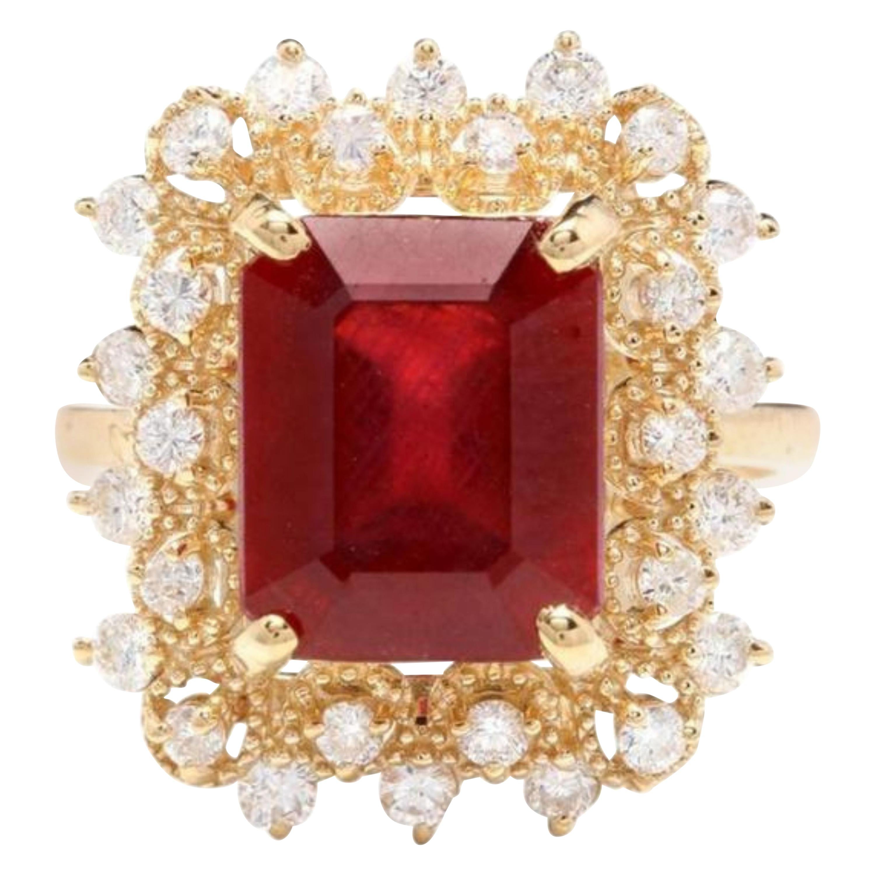 7.80 Carat Impressive Red Ruby and Natural Diamond 14 Karat Yellow Gold Ring For Sale