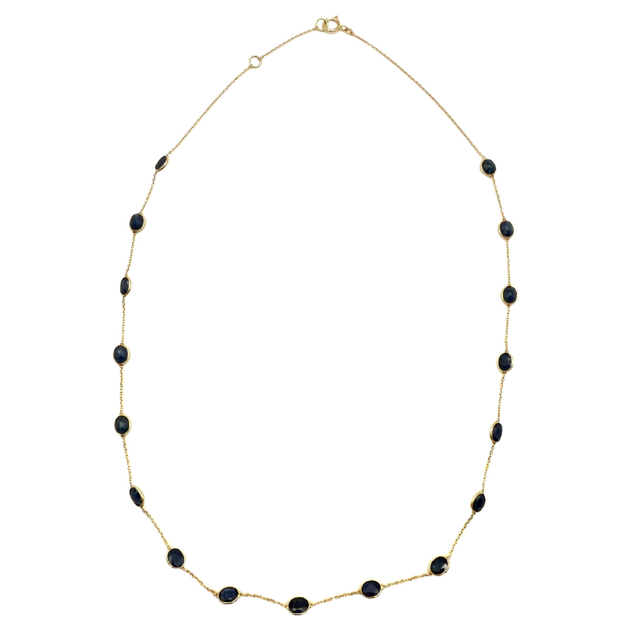 7.80 Carat Oval Blue Sapphire Station Chain Necklace in 18k Solid Yellow Gold