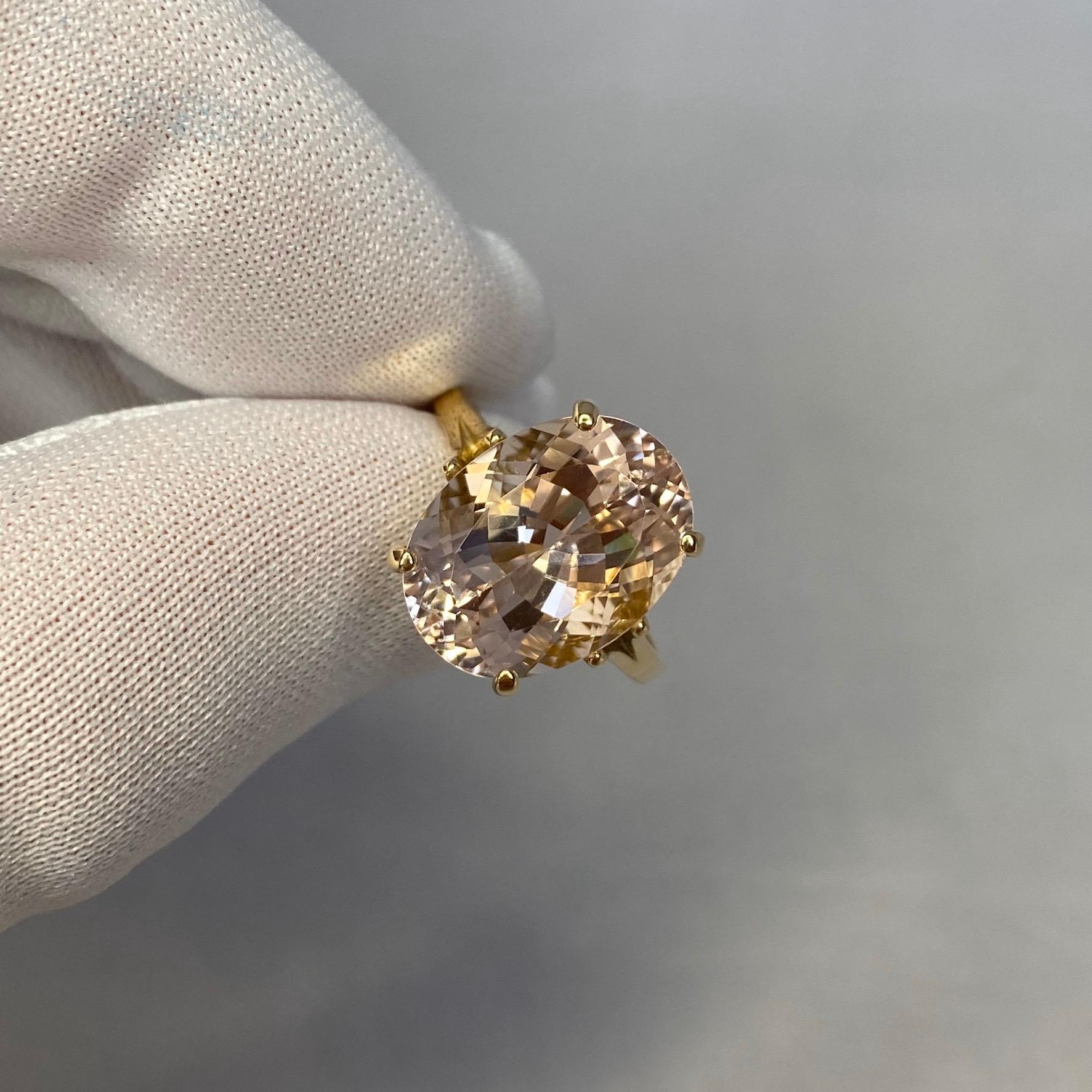 7.80 Carat Peach Orange Pink Morganite Oval Cut Yellow Gold Solitaire Ring In New Condition In Birmingham, GB