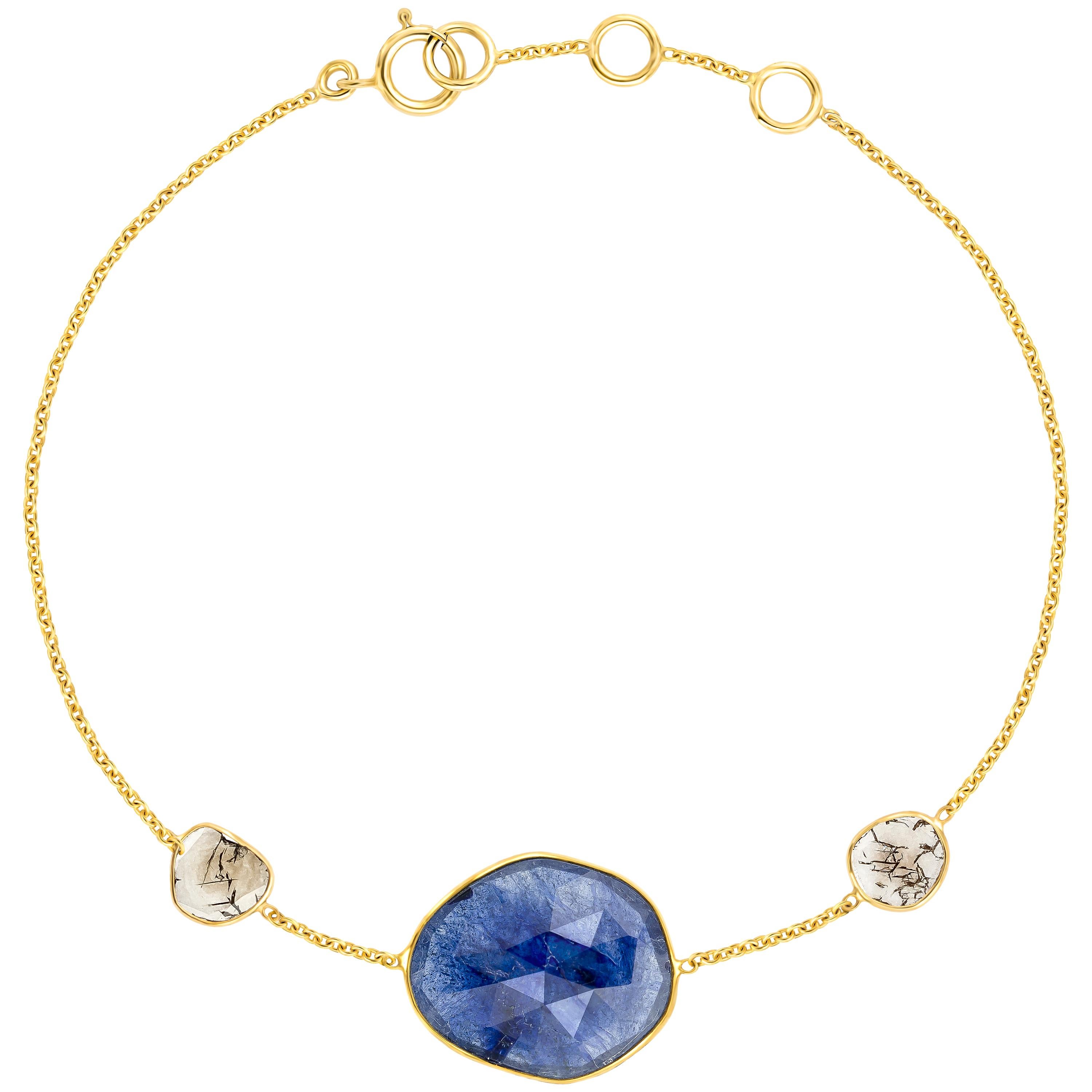 7.80 Carat Rose Cut Blue Sapphire Diamond 18 Karat Yellow Gold Artisan Bracelet