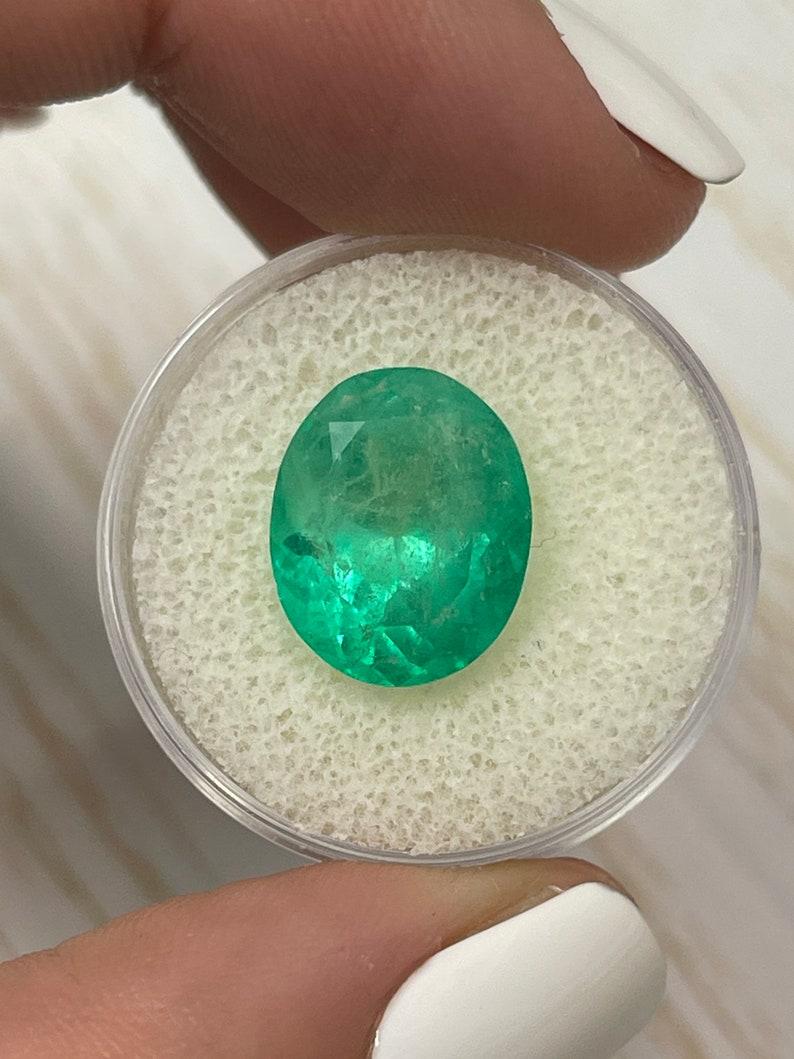 Stone: Emerald
Weight: 7.80-carats
Shape: Oval Cut
Clarity: Semi-Transparent
Luster: Very Good-Good
Color: Medium Yellowish Green
Measurements: 13.82mm x 11.26mm x 9.14mm
Geographic Origin: Colombia
Treatment: Natural, Oiling

Comments: Due to their