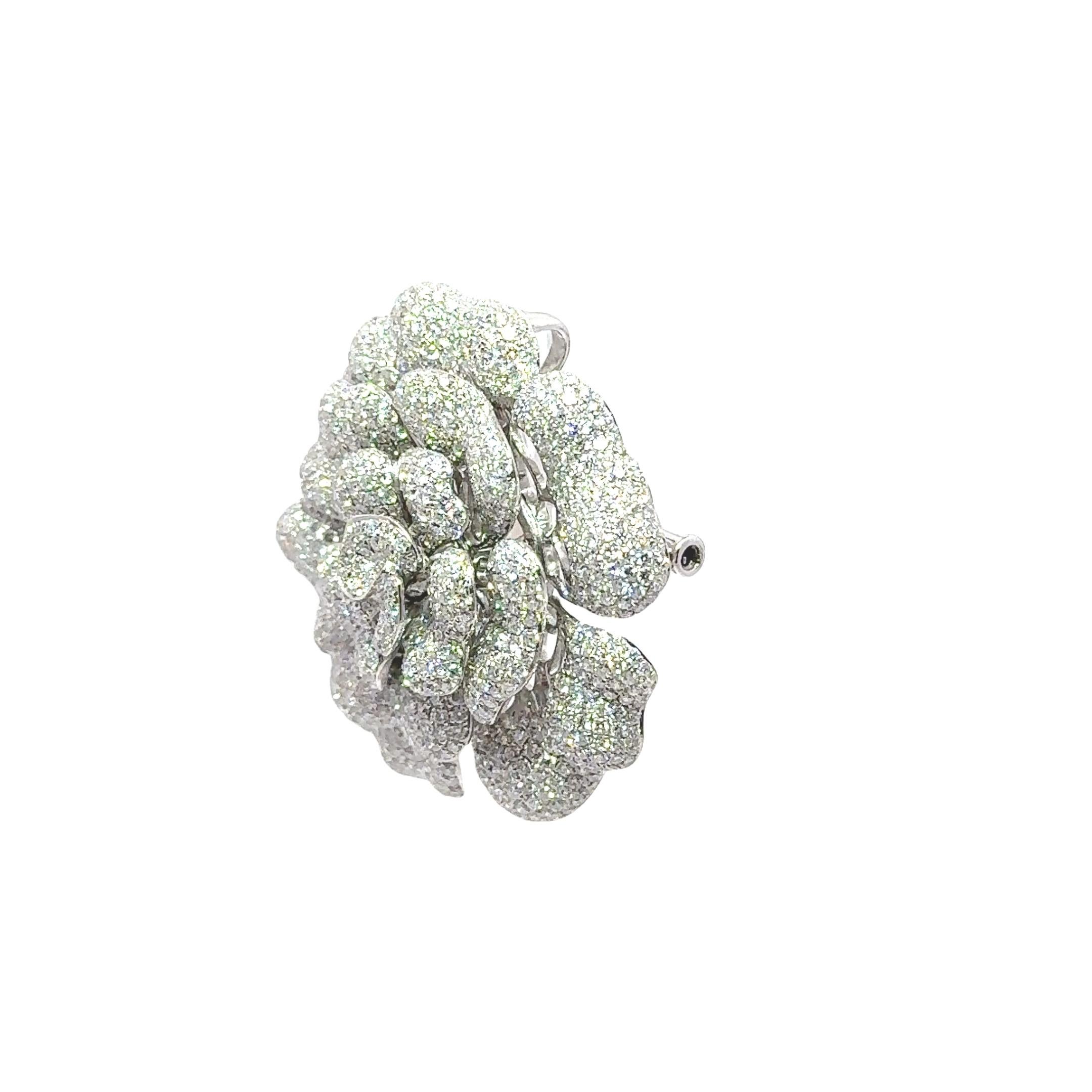 Contemporary 7.80 Carats Diamond Pave 18k White Gold Flower Brooch-Pendant For Sale