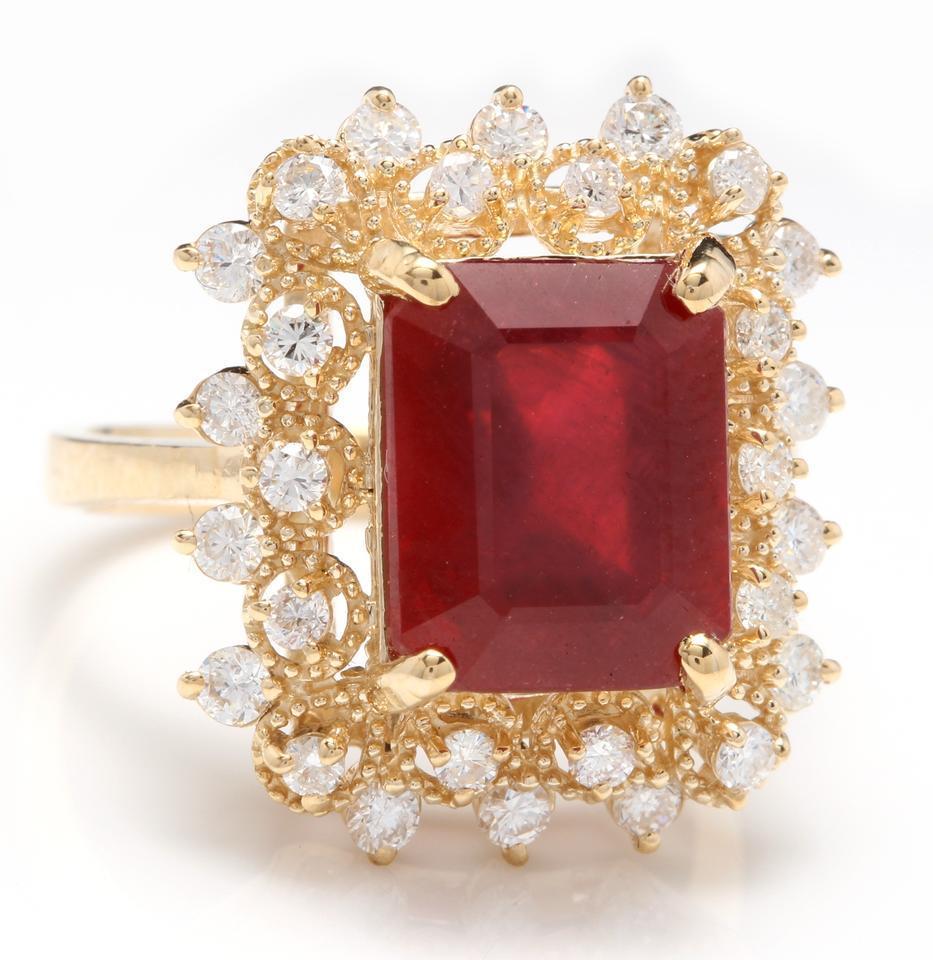 7.80 Carats Impressive Red Ruby and Natural Diamond 14K Yellow Gold Ring

Total Red Ruby Weight is: Approx. 7.00 Carats

Ruby Treatment: Lead Glass Filling

Ruby Measures: Approx. Approx. 11.00 x 9.00mm

Natural Round Diamonds Weight: Approx. 0.80