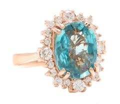 7,80 Karat Natürlicher Blauer Zirkon und Diamant 14k Massiv Rose Gold Ring