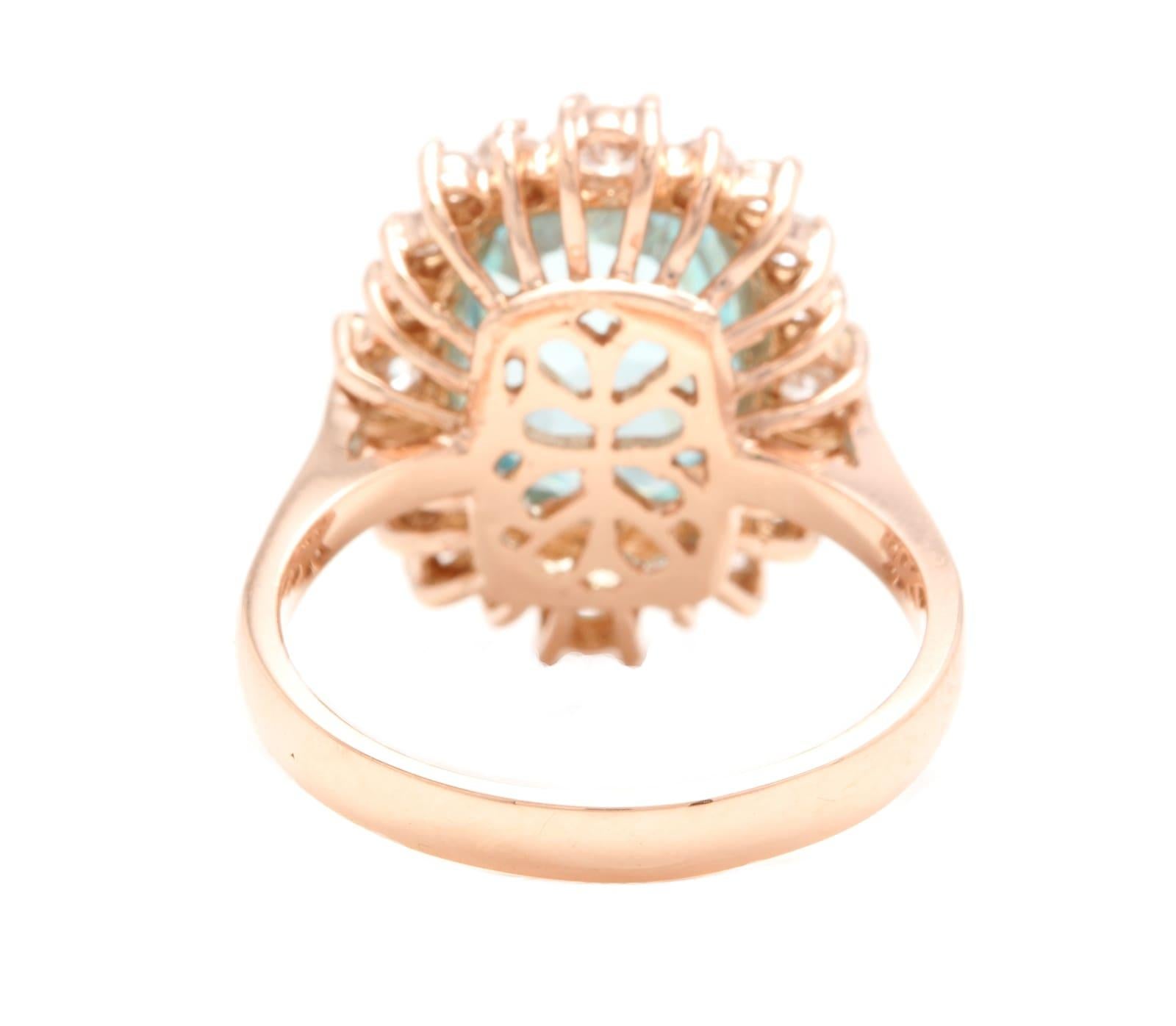 Mixed Cut 7.80 Carats Natural Blue Zircon and Diamond 14k Solid Rose Gold Ring For Sale
