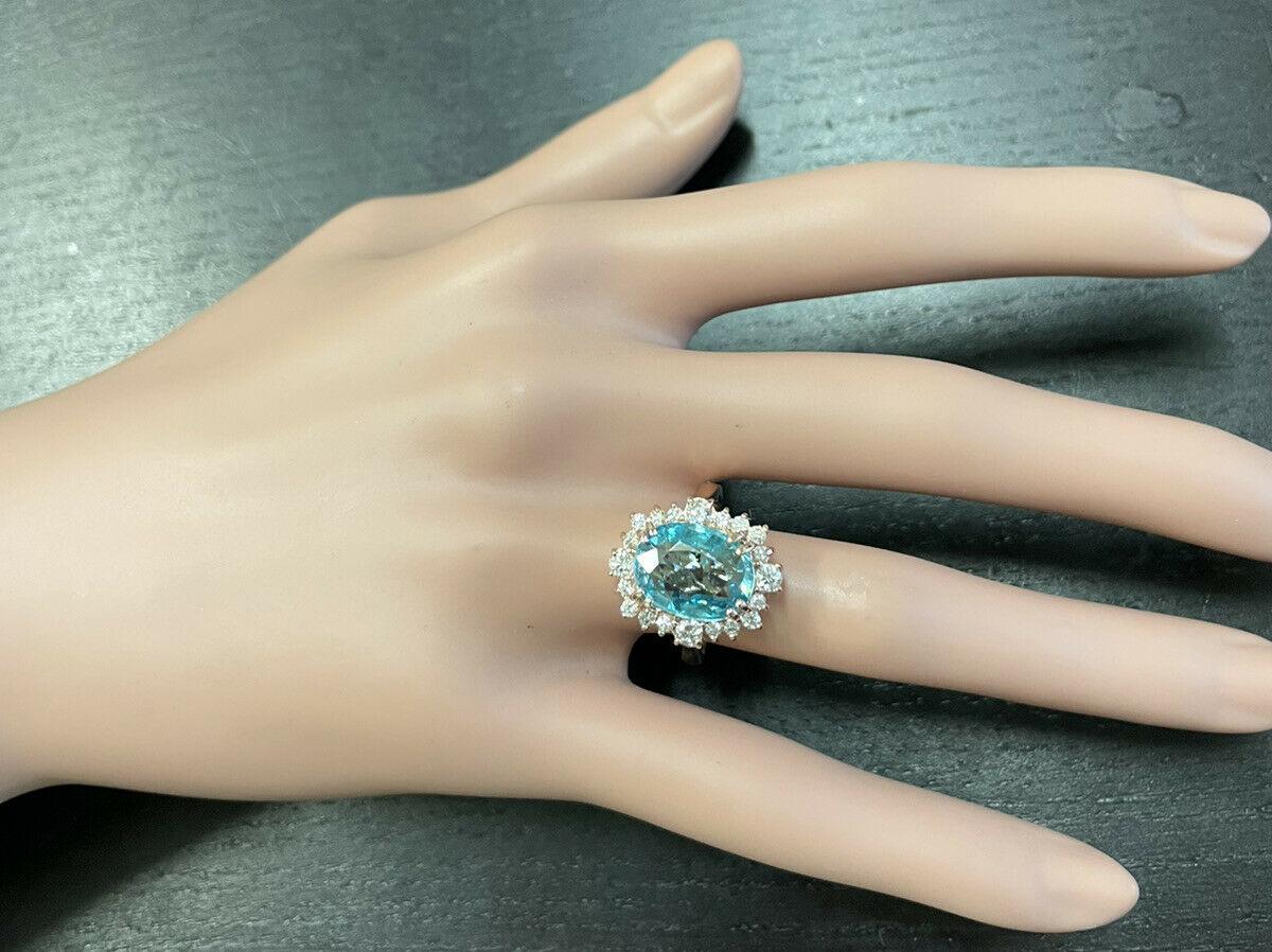 Bague en or rose massif 14 carats avec zircon bleu naturel de 7,80 carats et diamants Pour femmes en vente