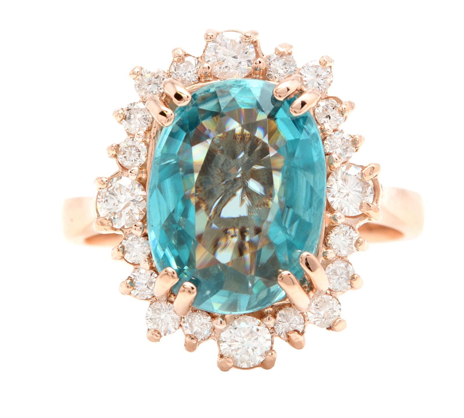 7.80 Carats Natural Blue Zircon and Diamond 14k Solid Rose Gold Ring For Sale