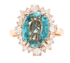 7.80 Carats Natural Blue Zircon and Diamond 14k Solid Rose Gold Ring