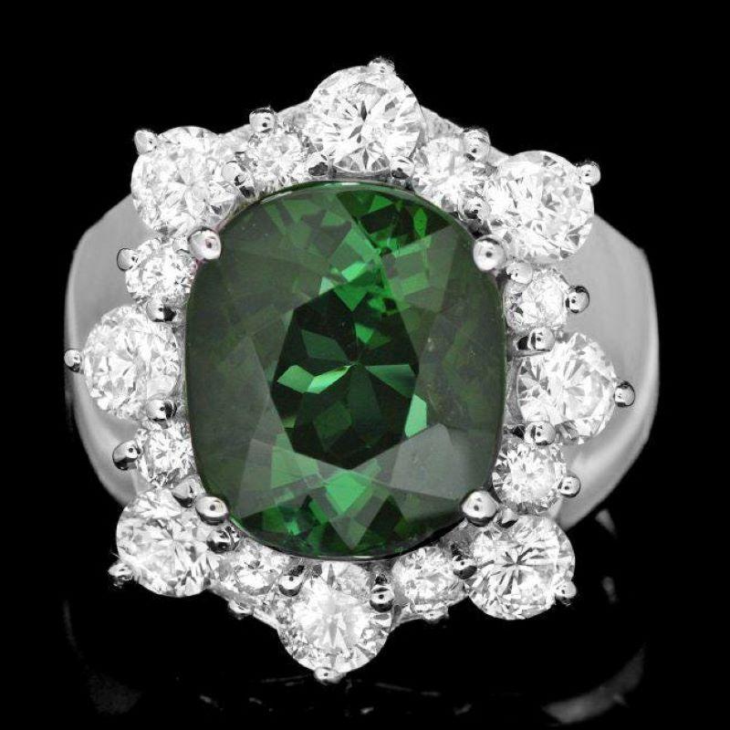 Anillo de oro blanco macizo de 14 quilates con turmalina verde natural y diamantes de 7,80 quilates Corte mixto en venta