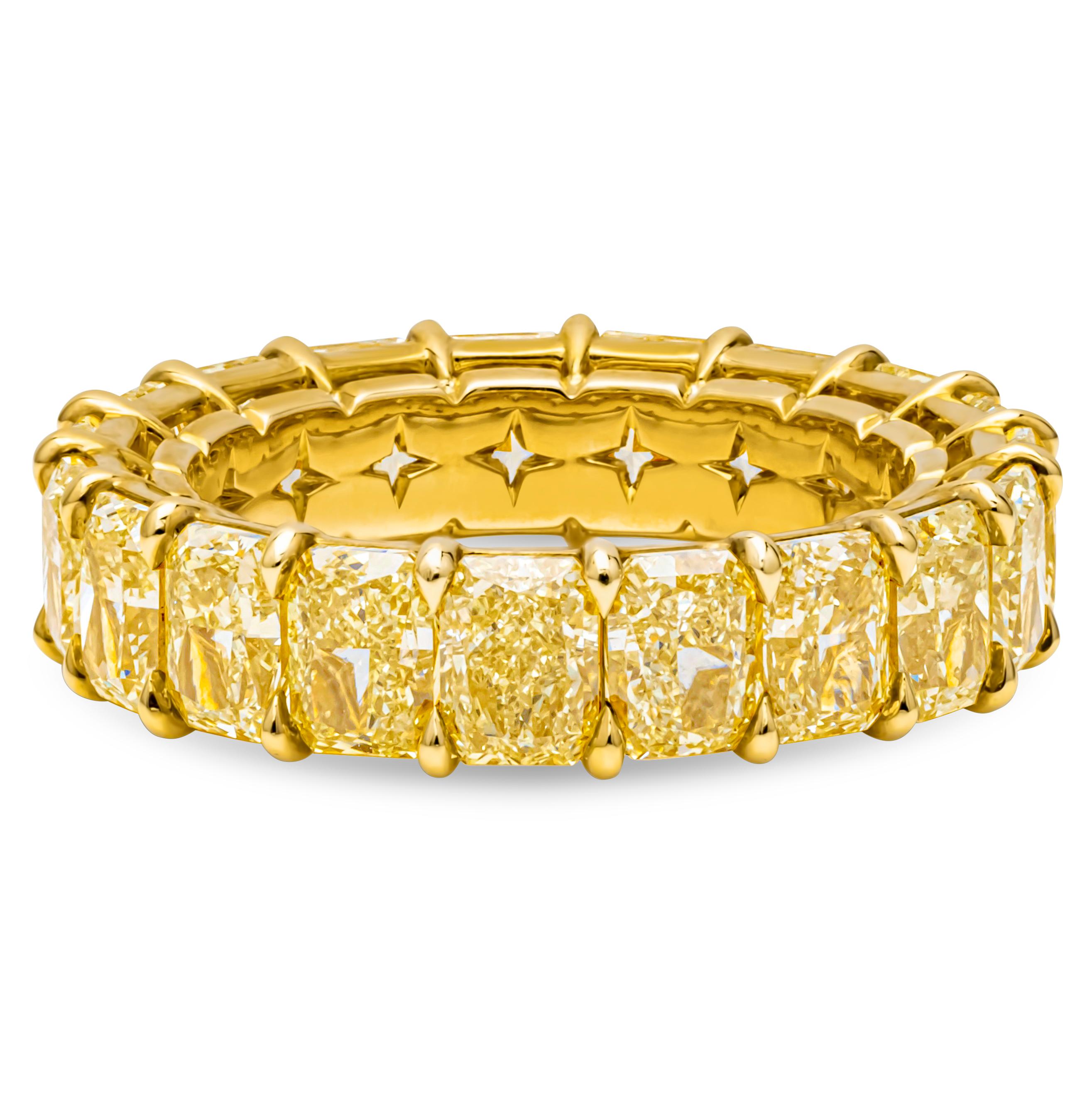A gorgeous eternity wedding band set with 19 stunning radiant cut Fancy Yellow Diamonds, VS+ in Clarity, set in a timeless shared prong setting. Diamonds Weigh 7.80 carats total and Set in 18K Yellow Gold. Size 6 US resizable upon request.

Style