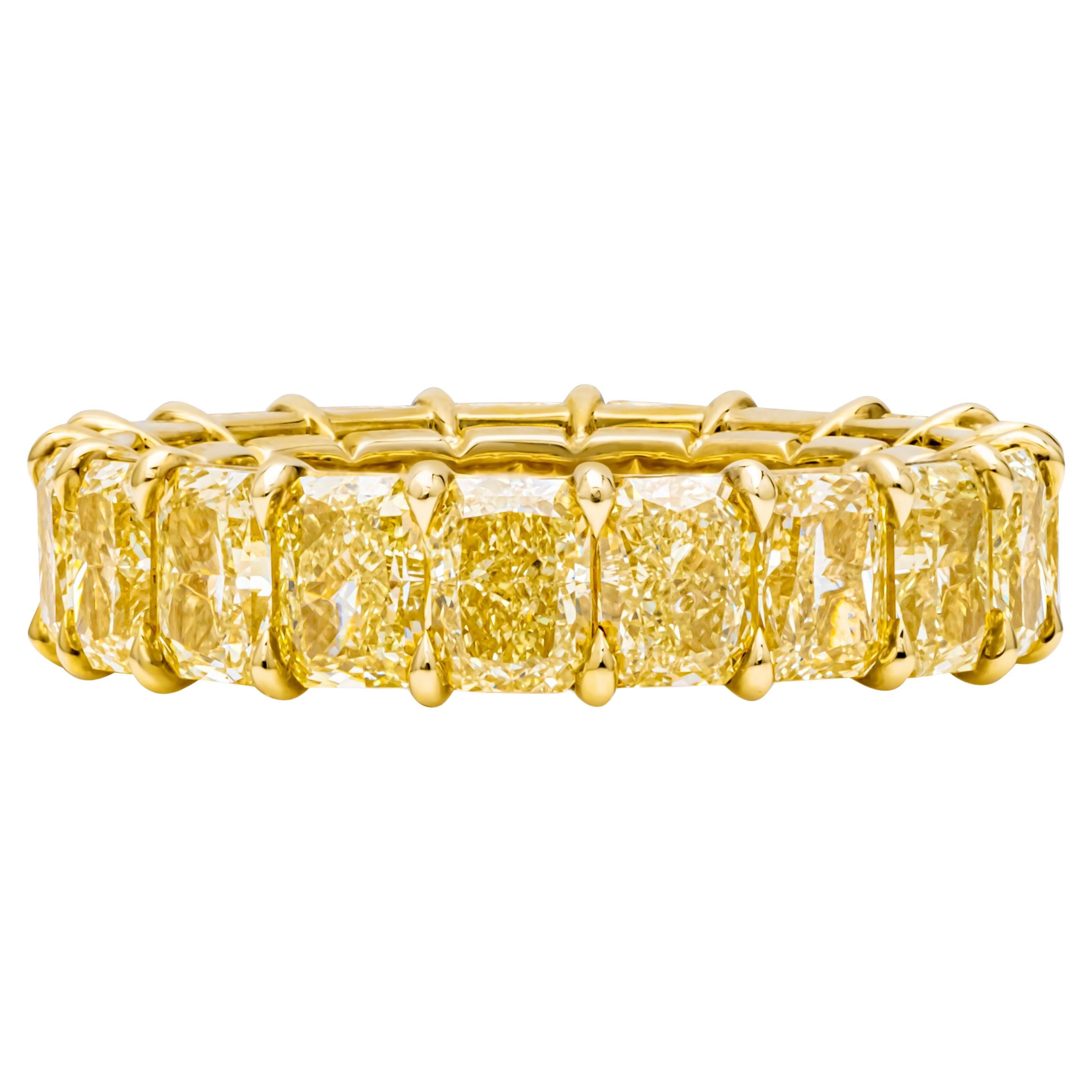 7.80 Carats Total Radiant Cut Fancy Yellow Diamond Eternity Wedding Band For Sale