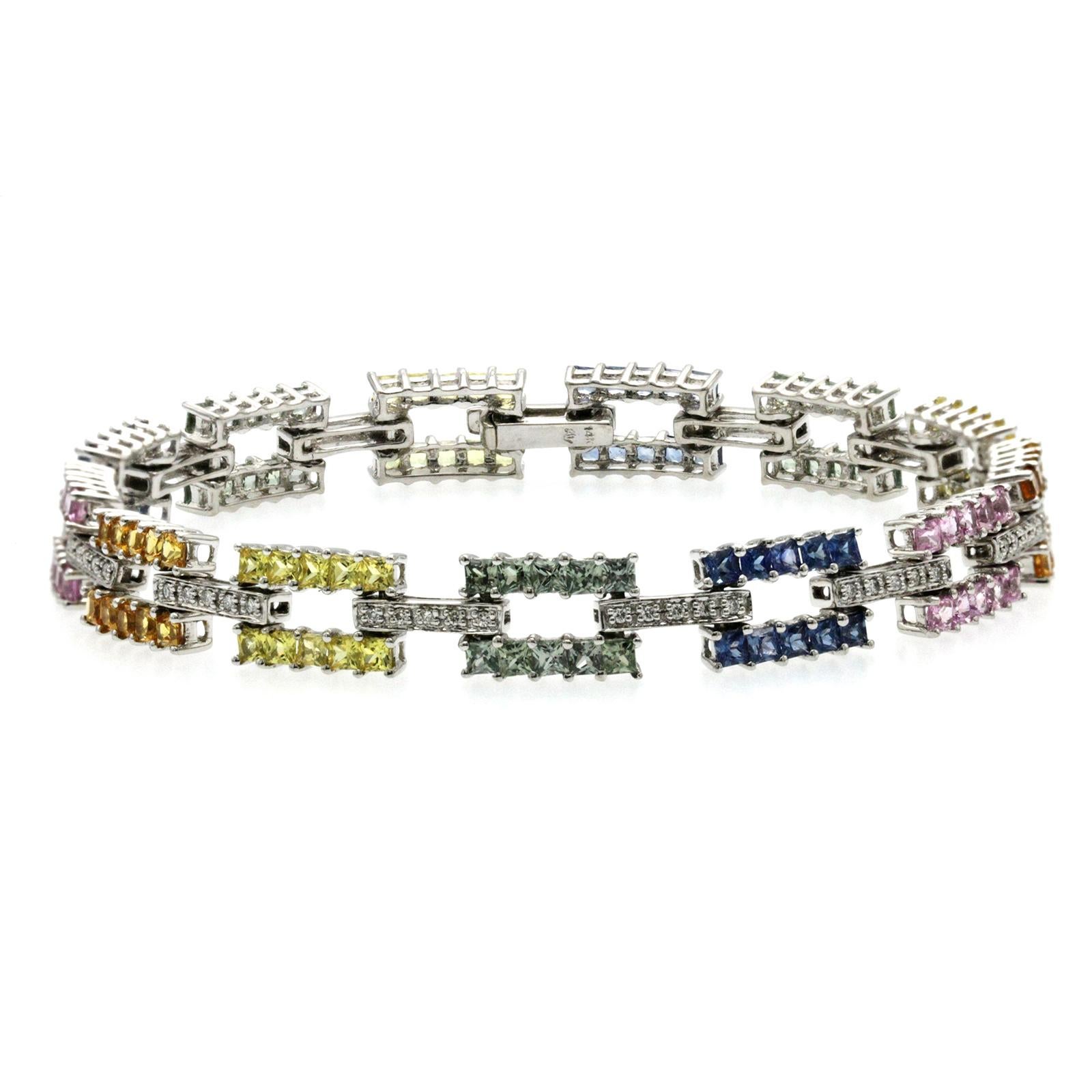Women's or Men's 7.80 Carat Natural Multi-Color Stones and 0.26 Carat Diamonds 14k Gold Bracelet