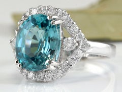 7.80 Ct Natural Nice Looking Blue Zircon and Diamond 14K Solid White Gold Ring