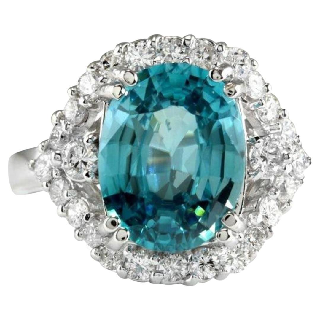 7.80 Ct Natural Nice Looking Blue Zircon and Diamond 14K Solid White Gold Ring