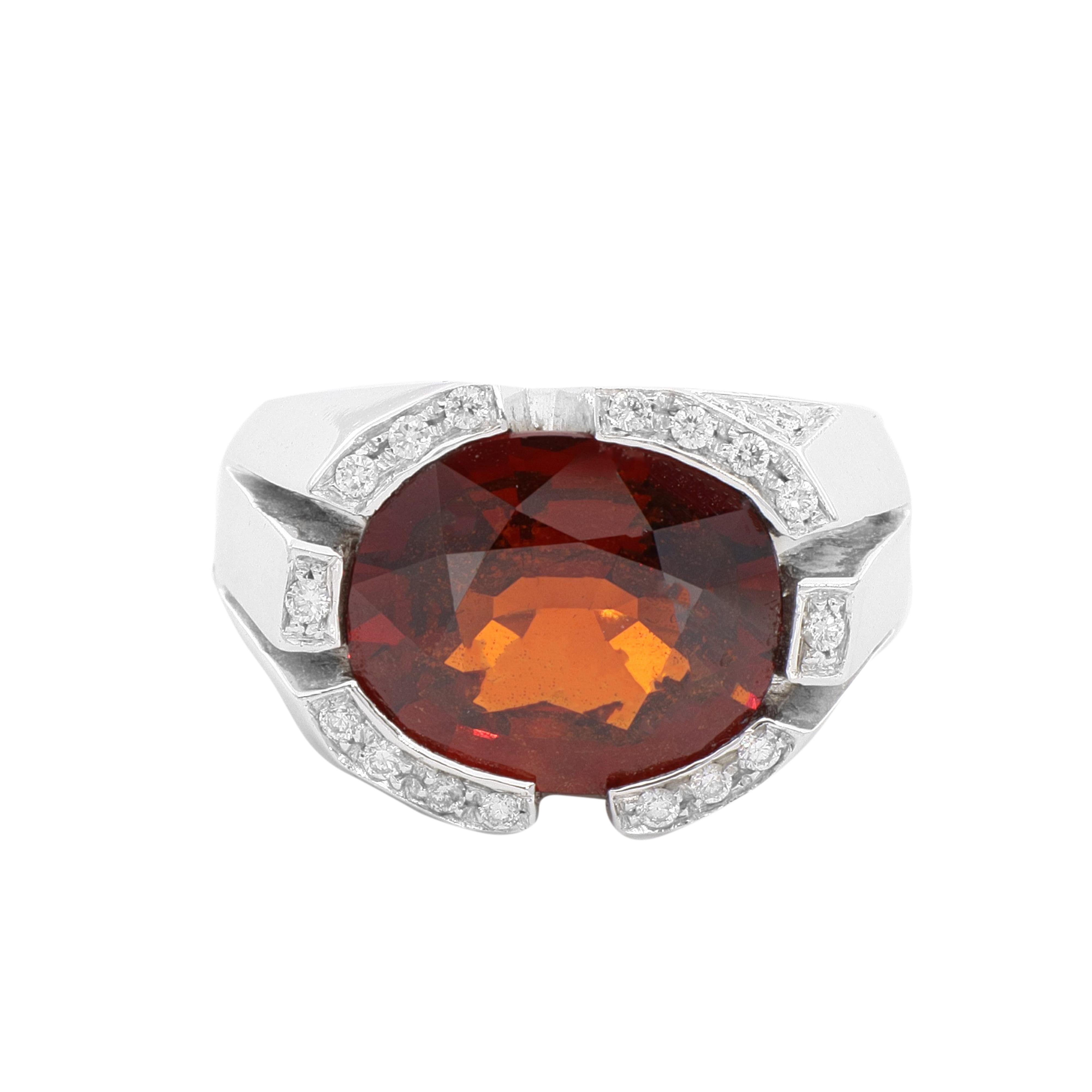 For Sale:  7, 80 Ct Orange-Red Garnet Diamond Modern Signet Cocktail Ring 3