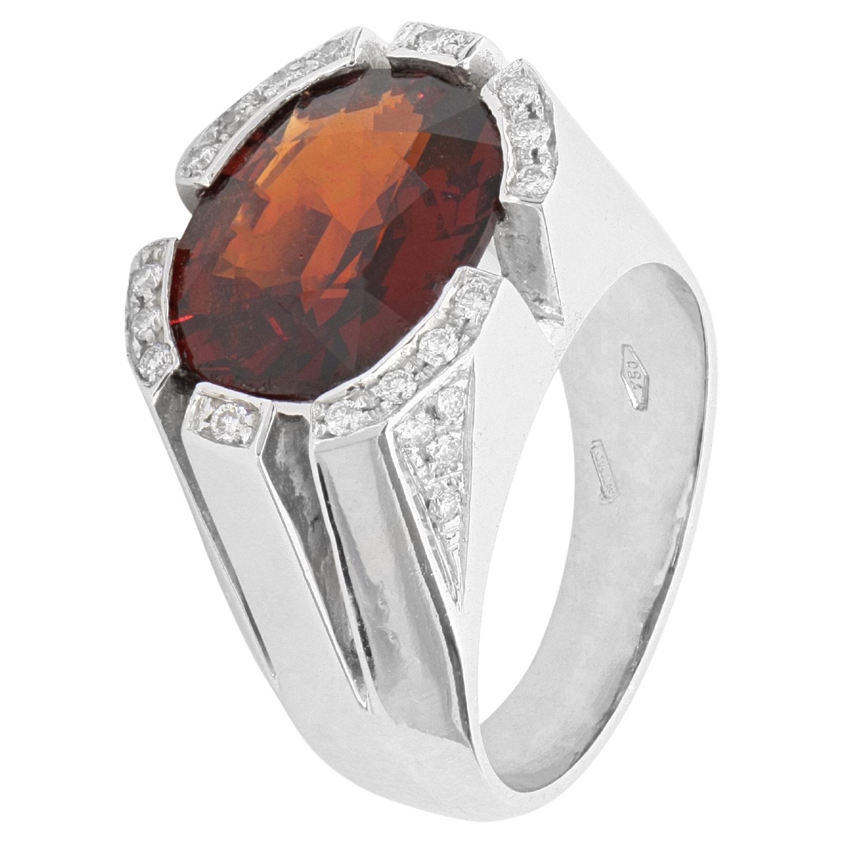 For Sale:  7, 80 Ct Orange-Red Garnet Diamond Modern Signet Cocktail Ring