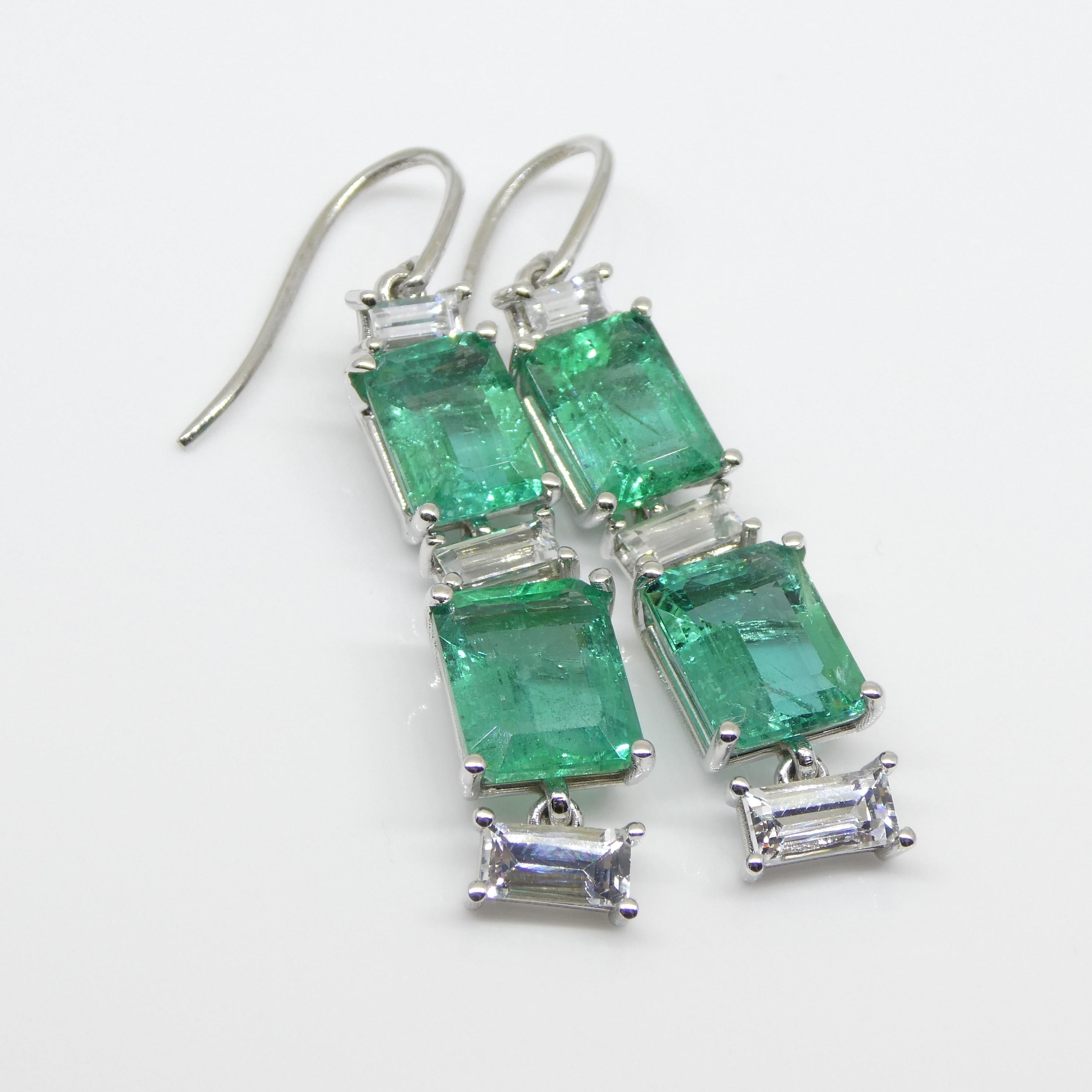 7.80ct Emerald, 1.80ct White Sapphire Earrings in 14k White Gold 11