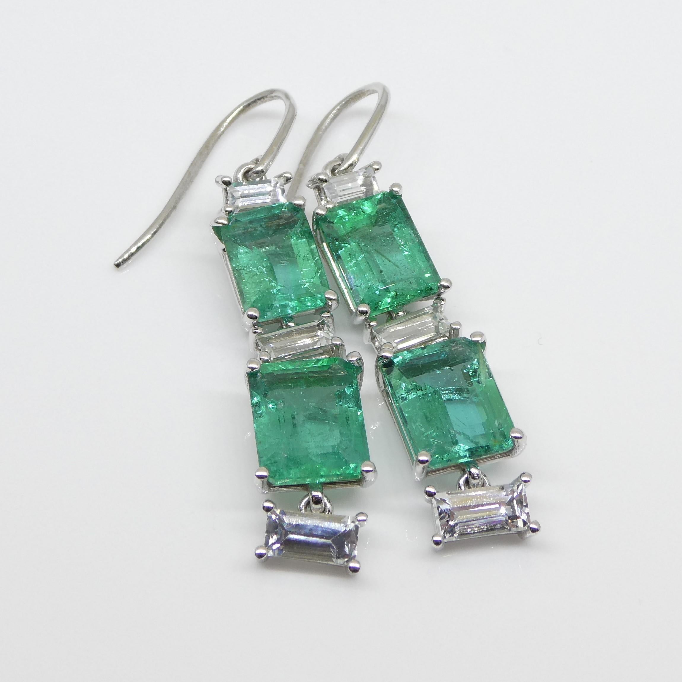 7.80ct Emerald, 1.80ct White Sapphire Earrings in 14k White Gold 12
