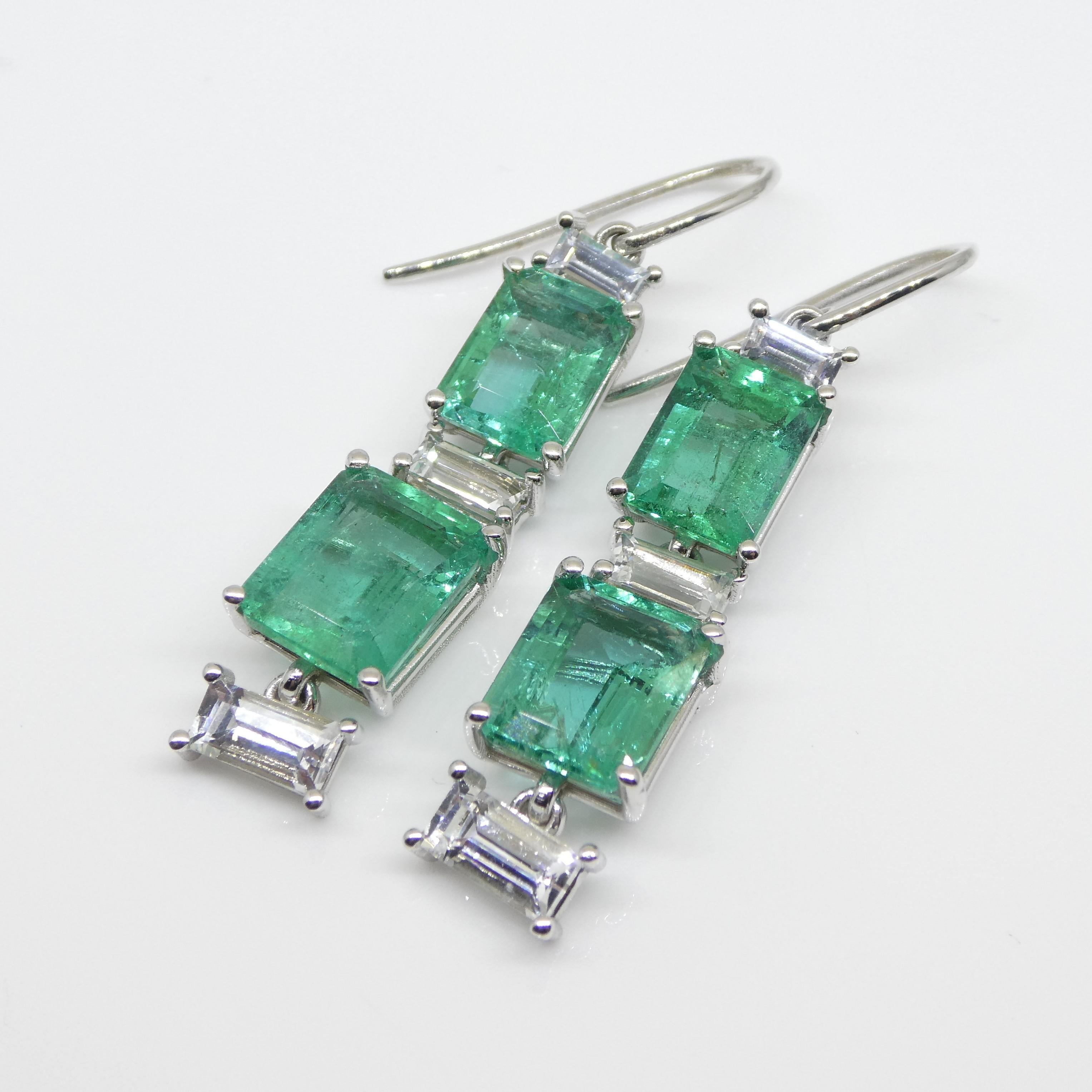7.80ct Emerald, 1.80ct White Sapphire Earrings in 14k White Gold 13