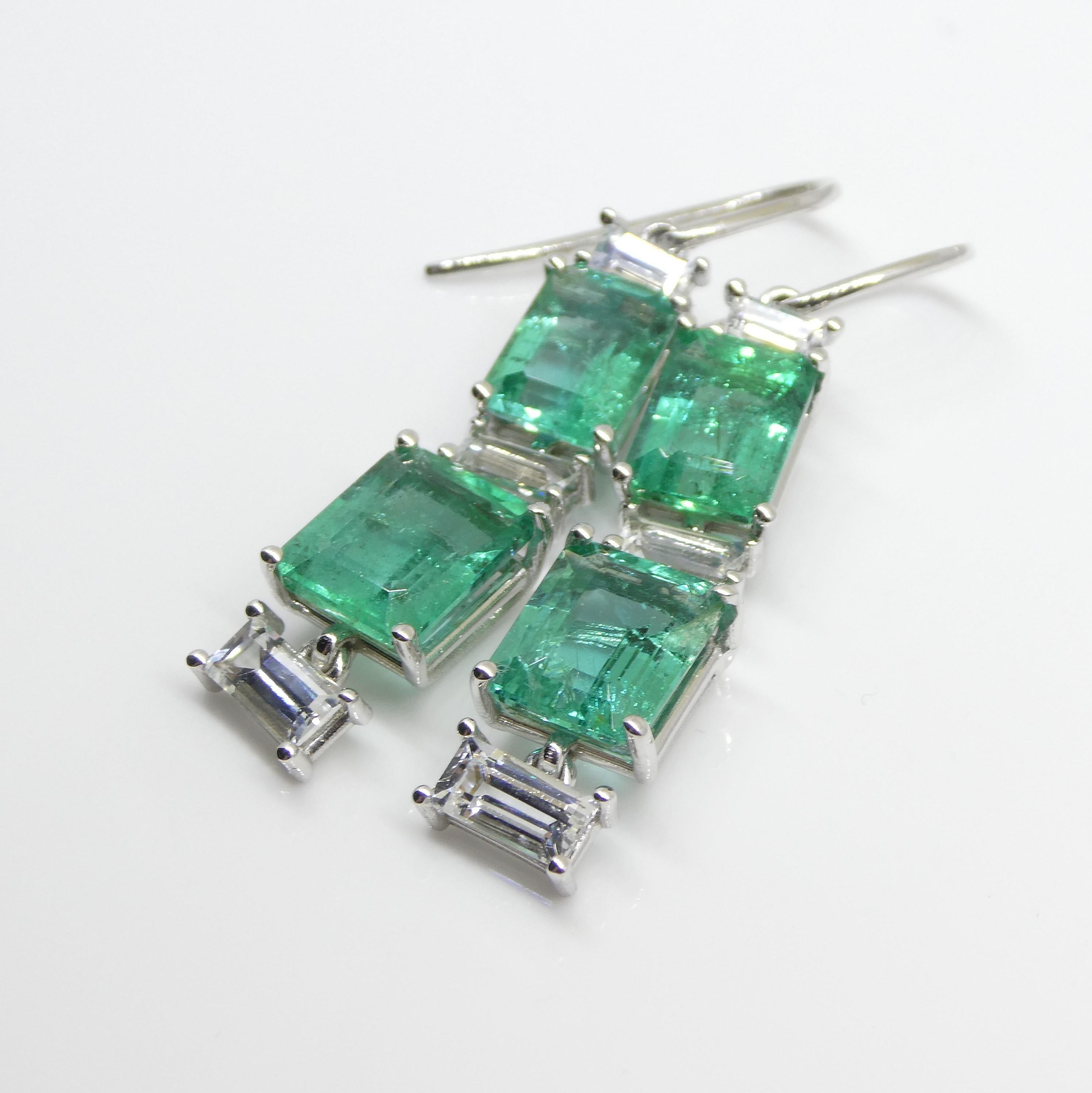 7.80ct Emerald, 1.80ct White Sapphire Earrings in 14k White Gold 14