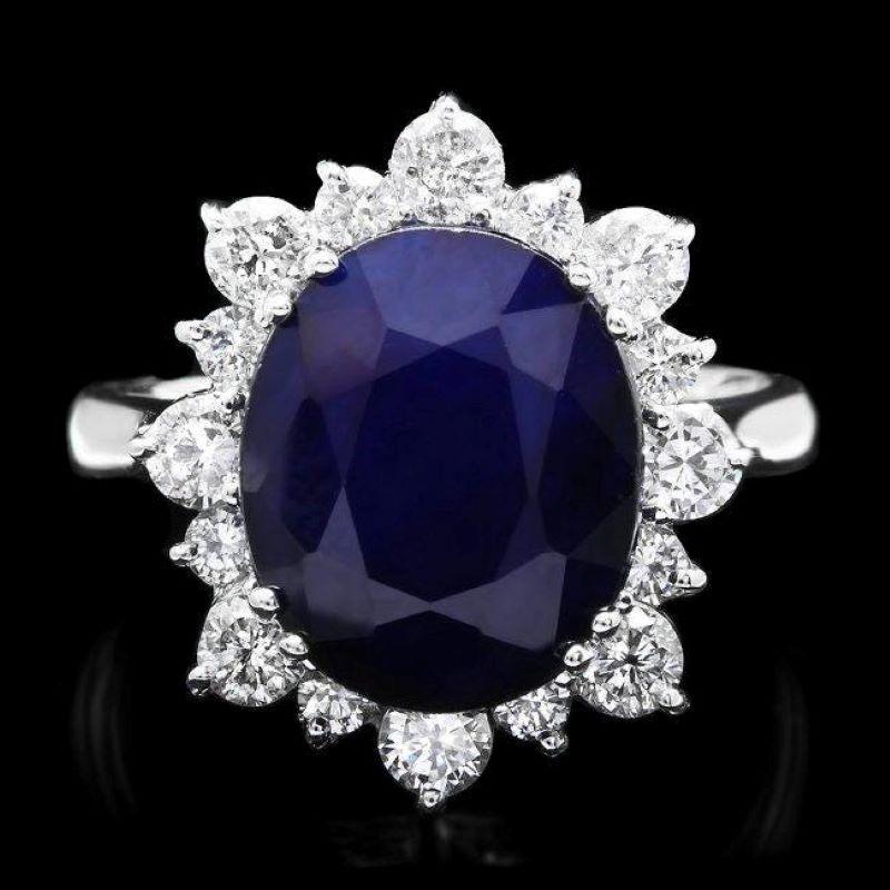 7.80ct Natural Blue Sapphire & Diamond 14k Solid White Gold Ring In New Condition For Sale In Los Angeles, CA