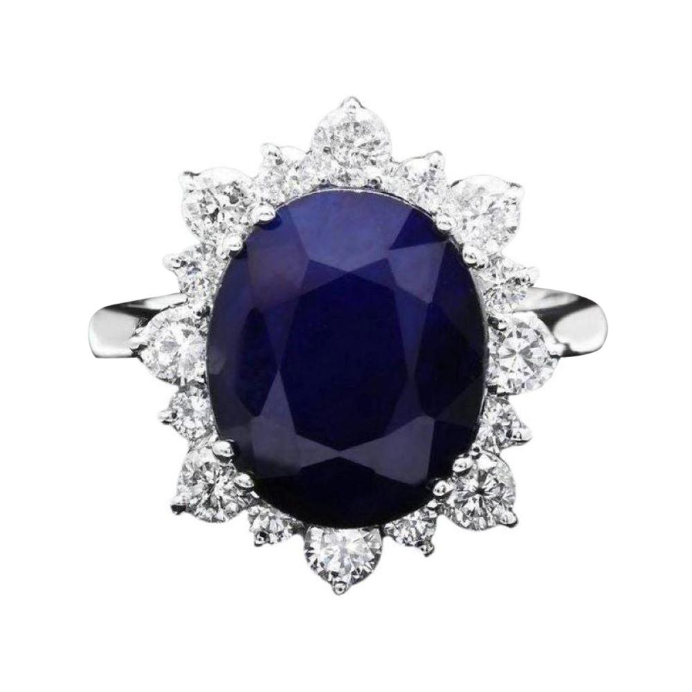 7.80ct Natural Blue Sapphire & Diamond 14k Solid White Gold Ring For Sale