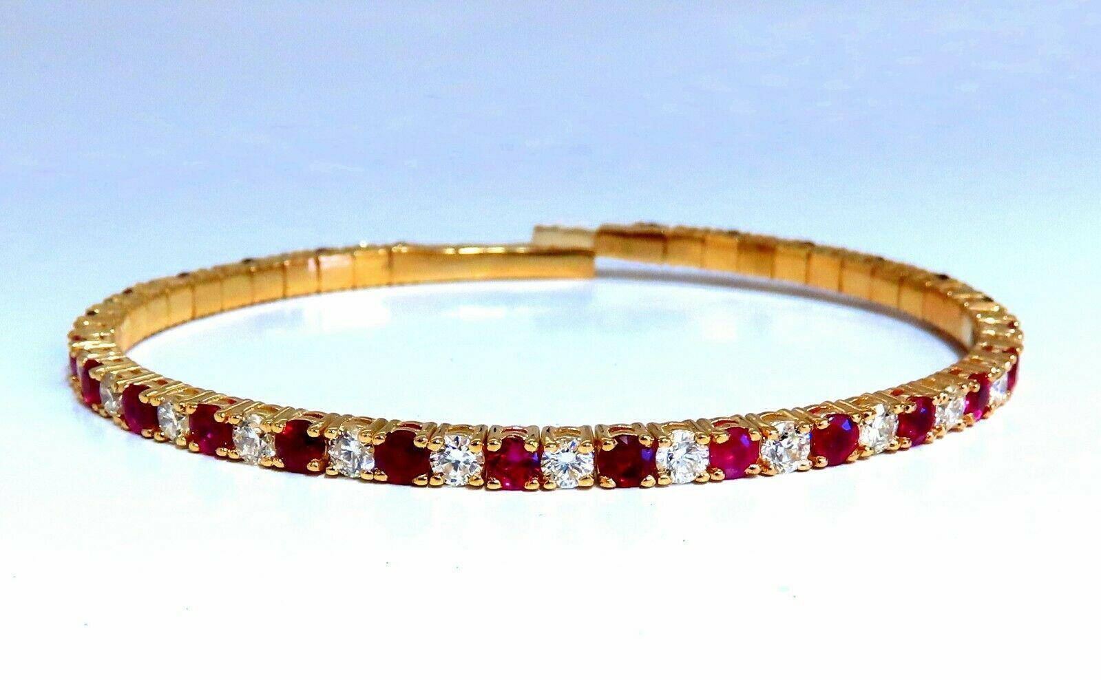 Tennis Alternated Flex

5.00ct. Natural Ruby Bangle bracelet.

Round cut, Fully Faceted.

Vibrant Red, excellent Sparkle.

Clean Clarity & Transparent.



2.80ct. natural diamonds:

Rounds, Full Cut

I- color / Vs-2 clarity

Secure pressure clasp