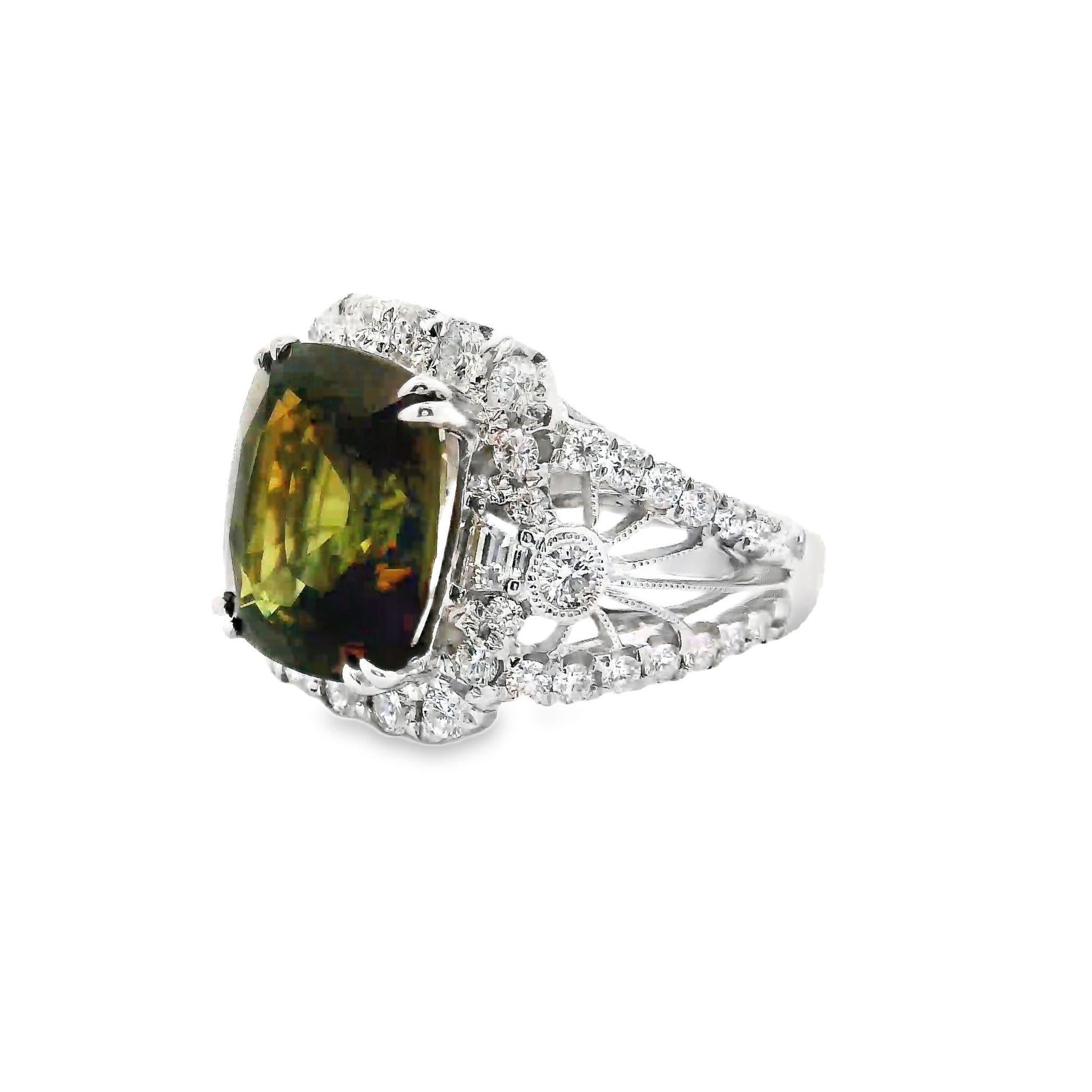 Cushion Cut 7.81 Carat Alexandrite Diamond 18k White Gold Ring, GIA Certified