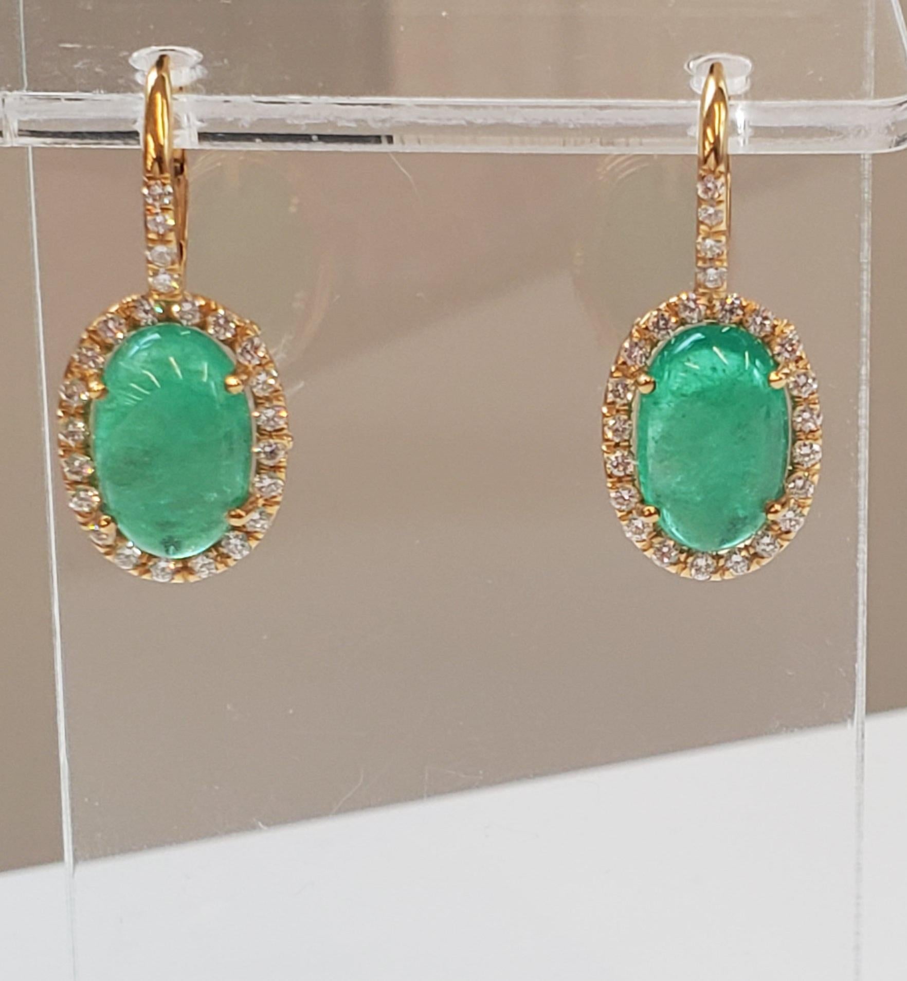 Contemporary 7.81 Carat Cabochon Emerald & Diamond Dangle Earring in 18k White Gold