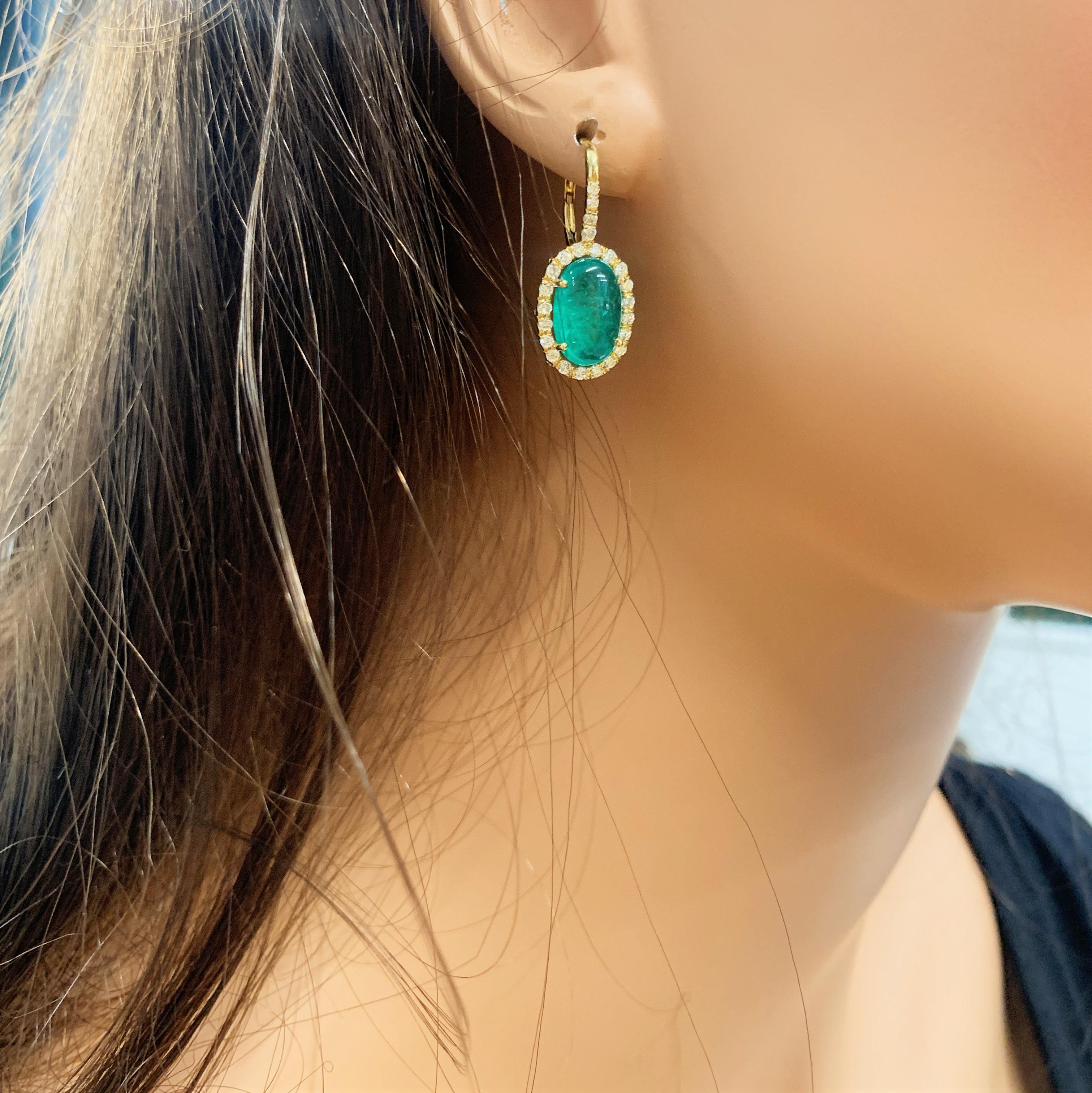 7.81 Carat Cabochon Emerald & Diamond Dangle Earring in 18k White Gold In New Condition In Chicago, IL