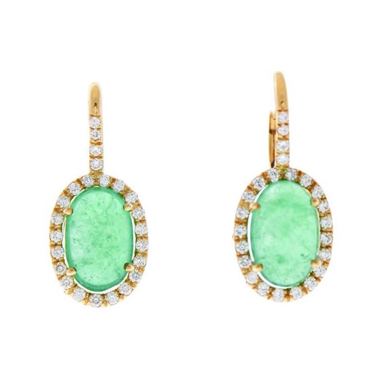 7.81 Carat Cabochon Emerald & Diamond Dangle Earring in 18k White Gold