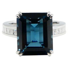 7.81 Carat Emerald Step Cut London Blue Topaz and Diamond Cocktail Ring