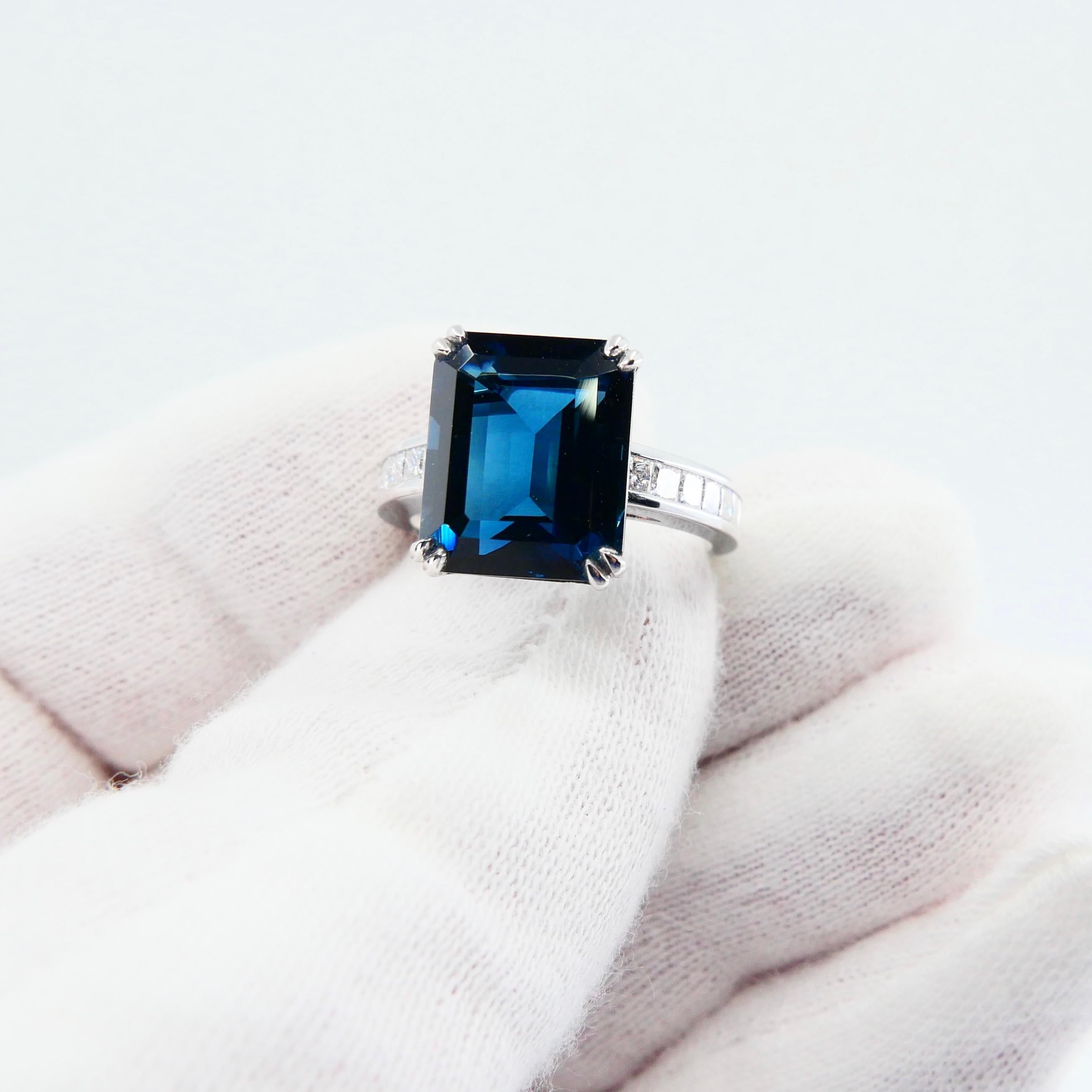 7.81 Carat Emerald Step Cut London Blue Topaz and Diamond Cocktail Ring In New Condition In Hong Kong, HK
