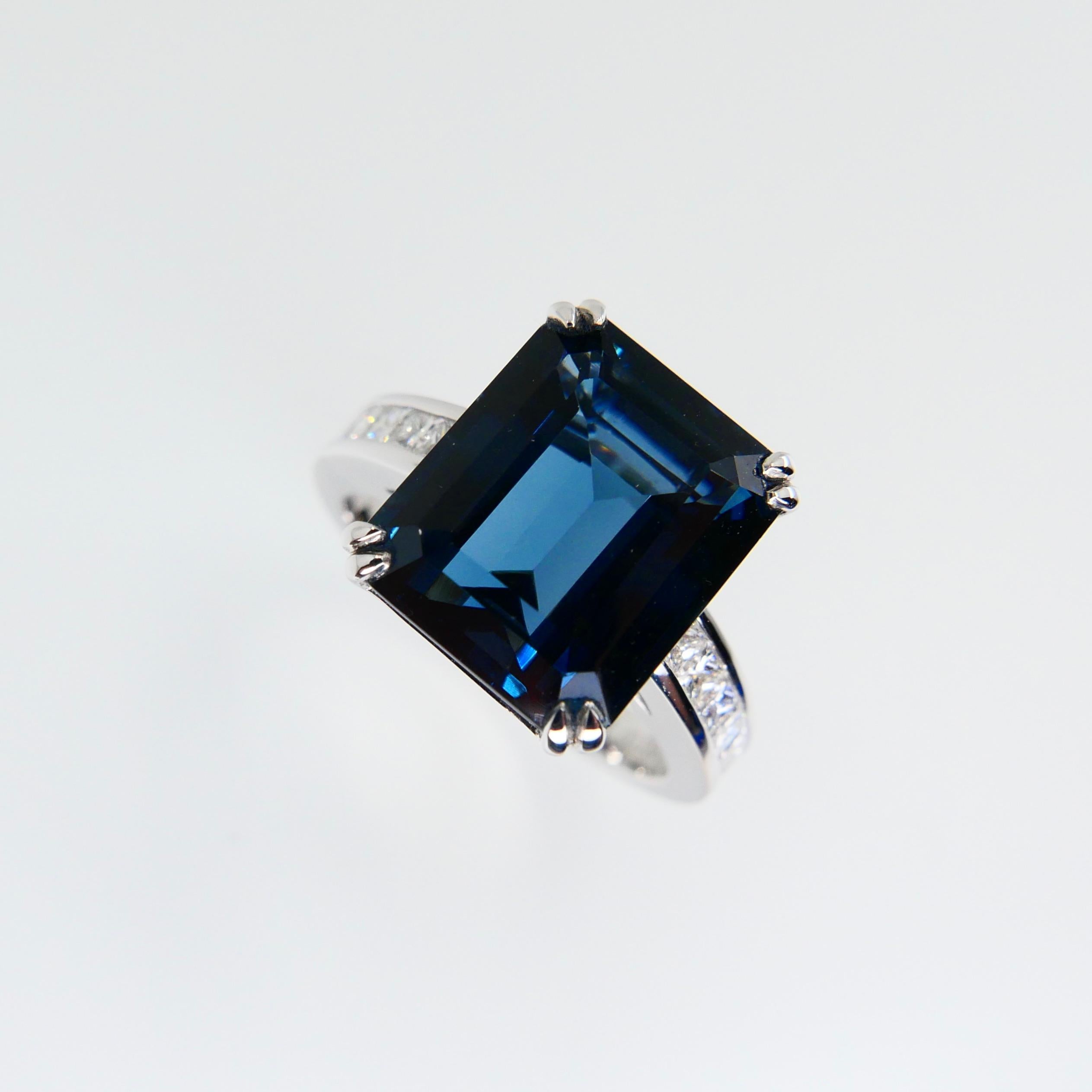 Contemporary 7.81 Carat Emerald Step Cut London Blue Topaz and Diamond Cocktail Ring