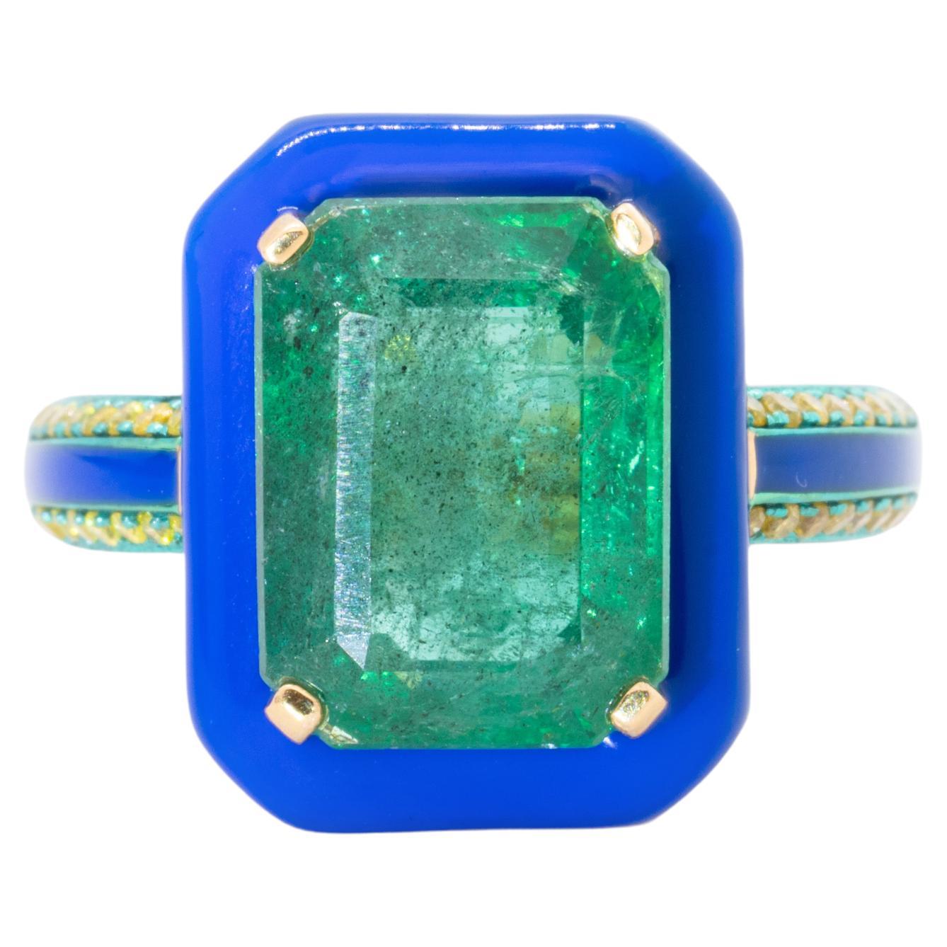 7,81 Karat Smaragd & gelber Diamant Ring, 18K Gelbgold, Austy Lee