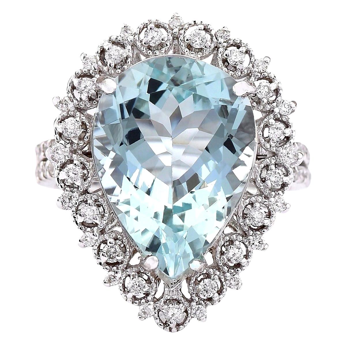 Aquamarine Diamond Ring In 14 Karat White Gold  For Sale