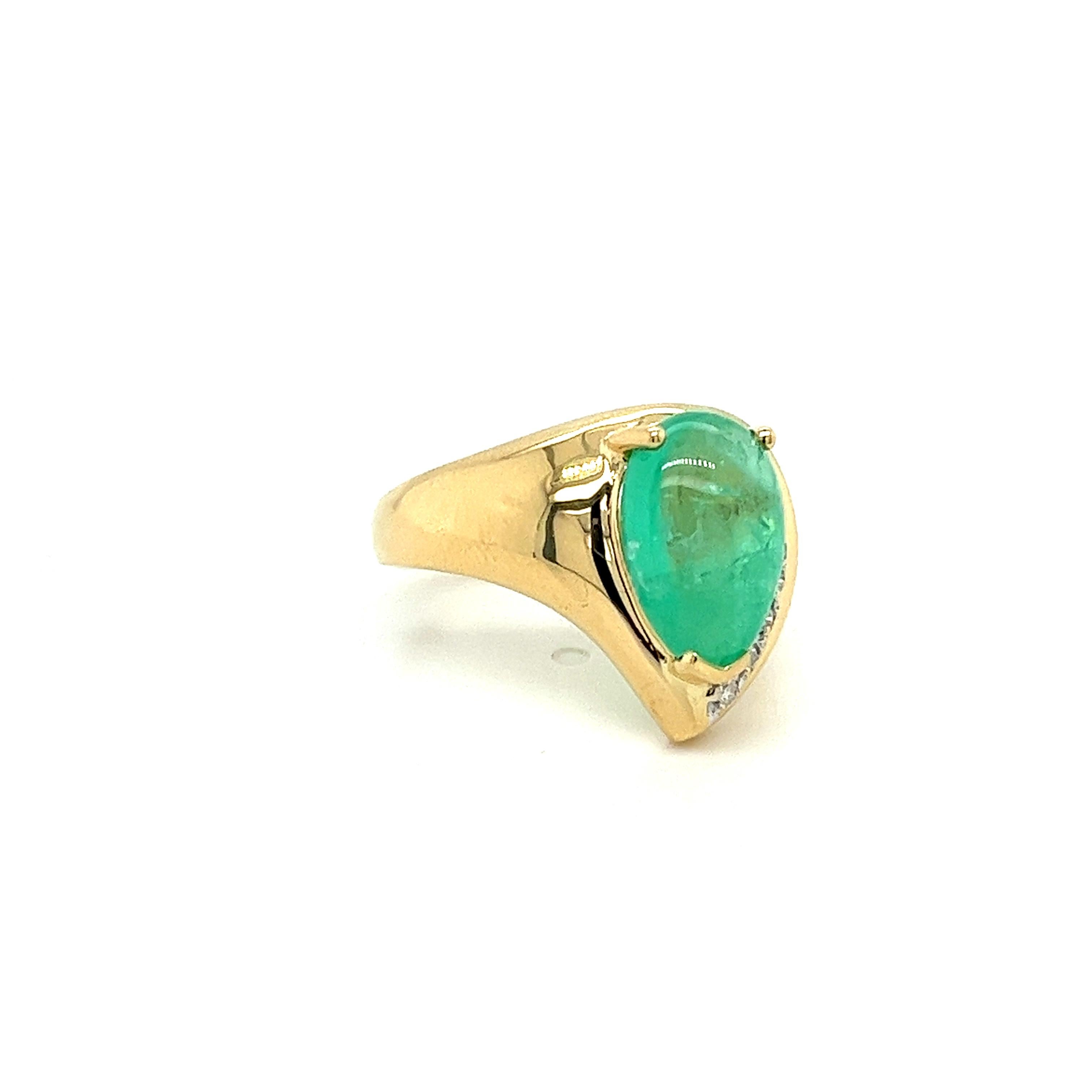 Pear Cut 7.81 Carat Pear Shaped Cabochon Emerald Ring with Round Diamonds in 18K Gold For Sale