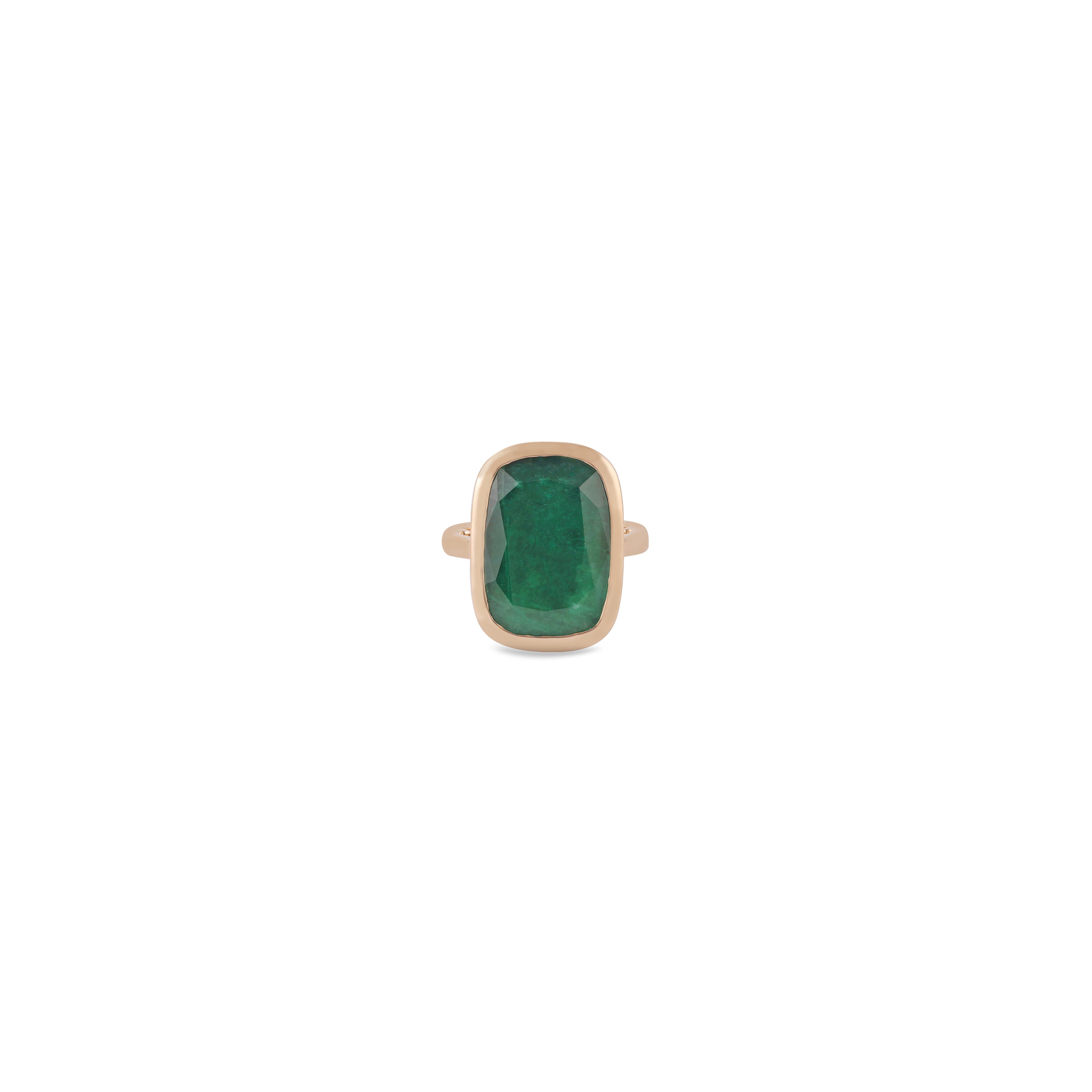 Cushion Cut 7.81 Carat Zambian Emerald Close Setting Ring in 18k Yellow Gold For Sale
