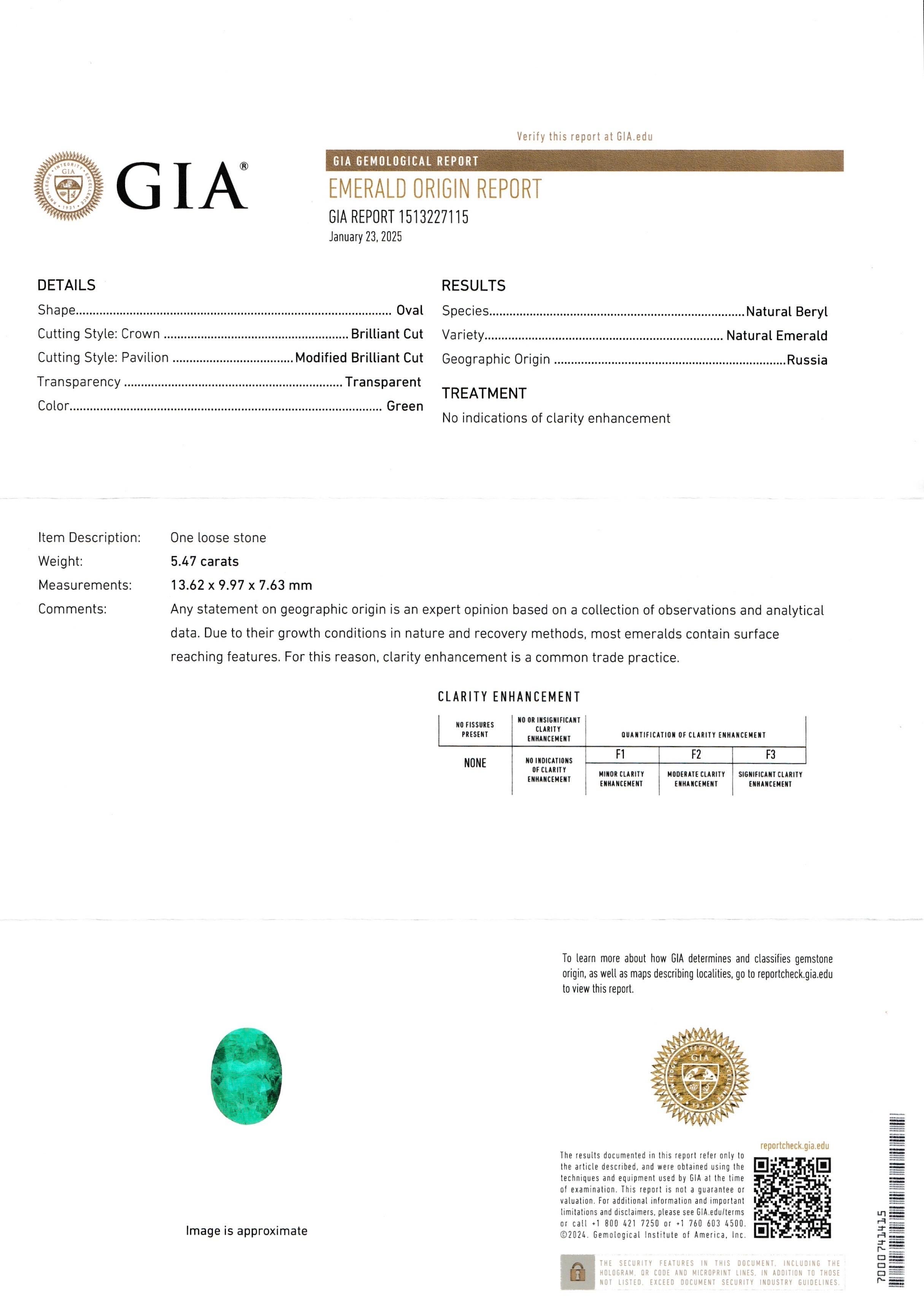 De las mujeres 5,47 ct Esmeralda sin aceite certificada por GIA Oro platino raro origen Rusia en venta