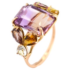7.82 Quilates Ametrina Turmalina Aguamarina Oro 14k Anillo de Cóctel Hecho a Mano
