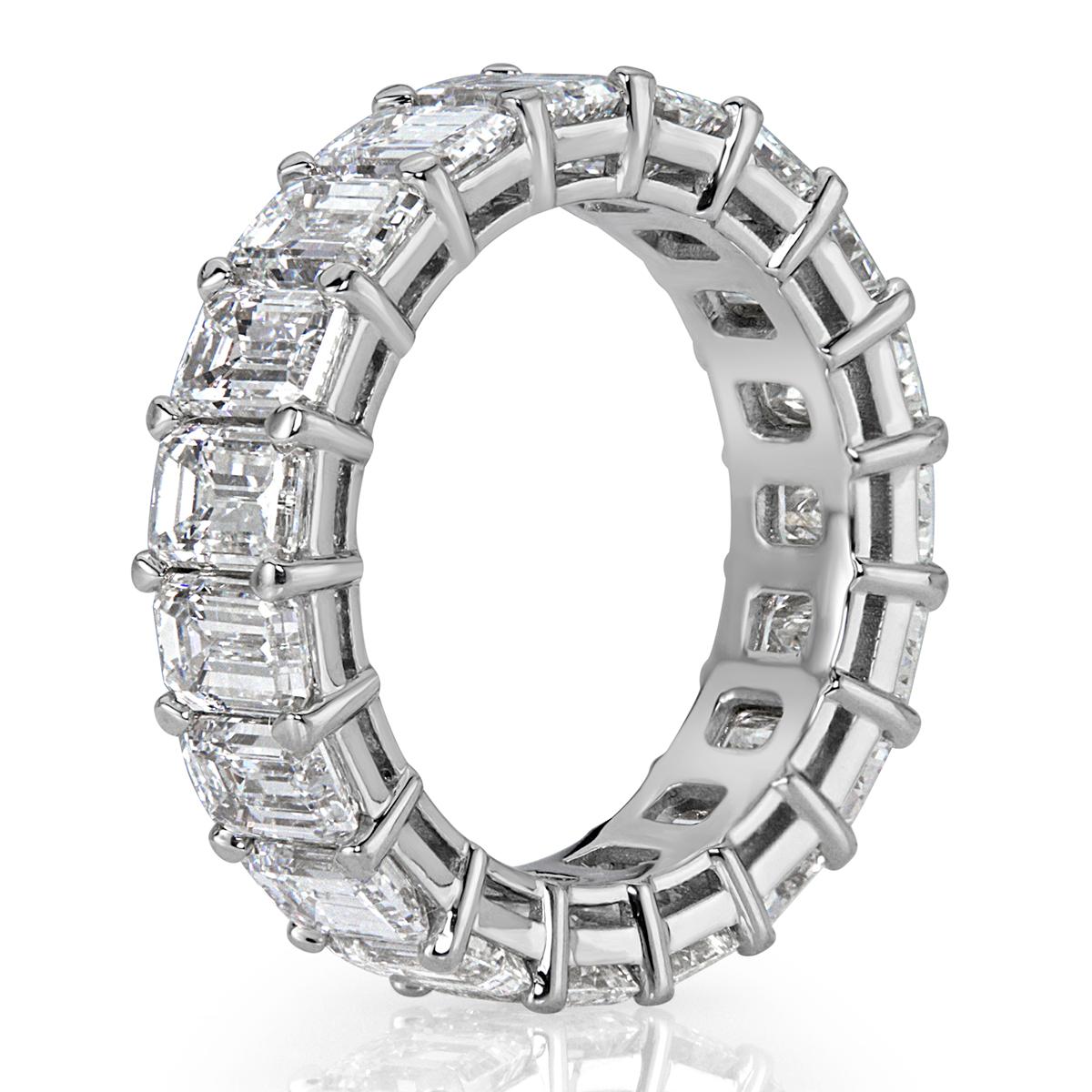 Gorgeous from every angle, this diamond eternity band features 7.82ct of emerald cut diamonds graded at E-F, VVS2-VS1. The diamonds are matched and hand set in 18k white gold. All eternity bands are shown in a size 6.5. We custom craft each eternity