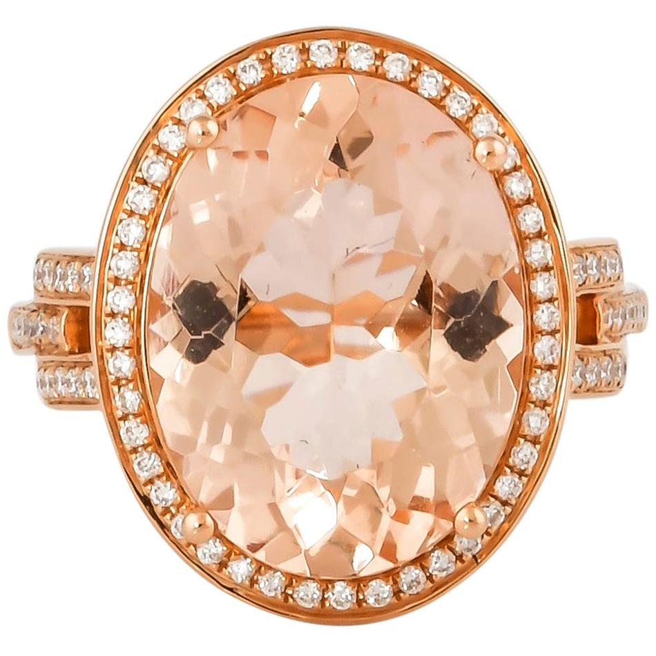 7.8 Carat Morganite Ring in 18 Karat Rose Gold with Diamond For Sale